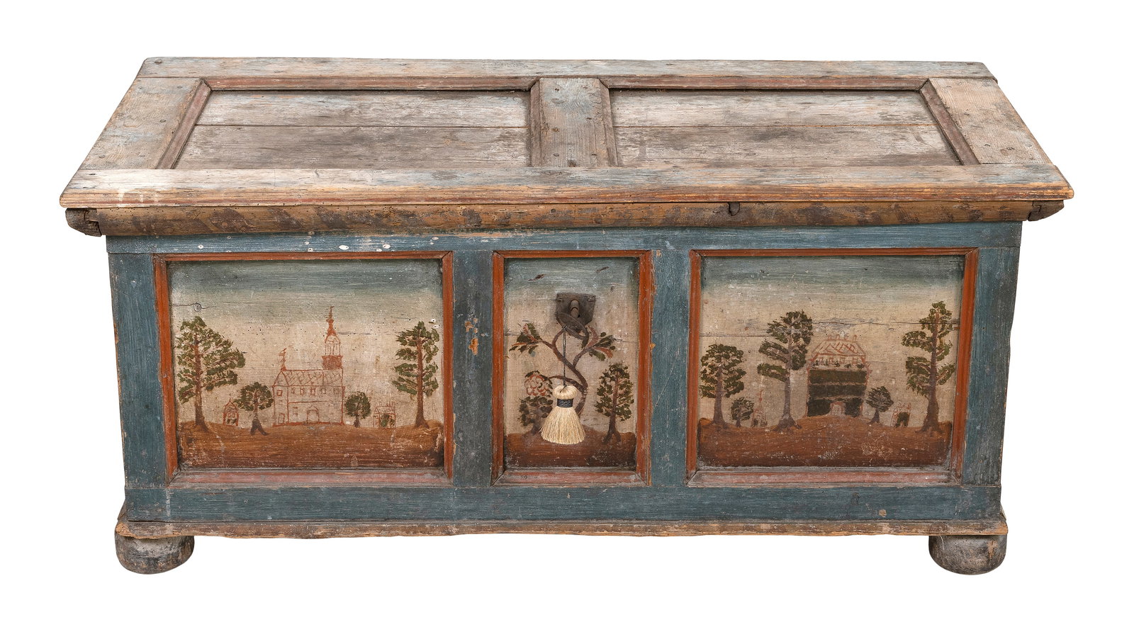 PAINT-DECORATED HARDWOOD DOWER CHEST 18th Century Height 25.25". Width 50.5". Depth 23.5". (1 of 3)