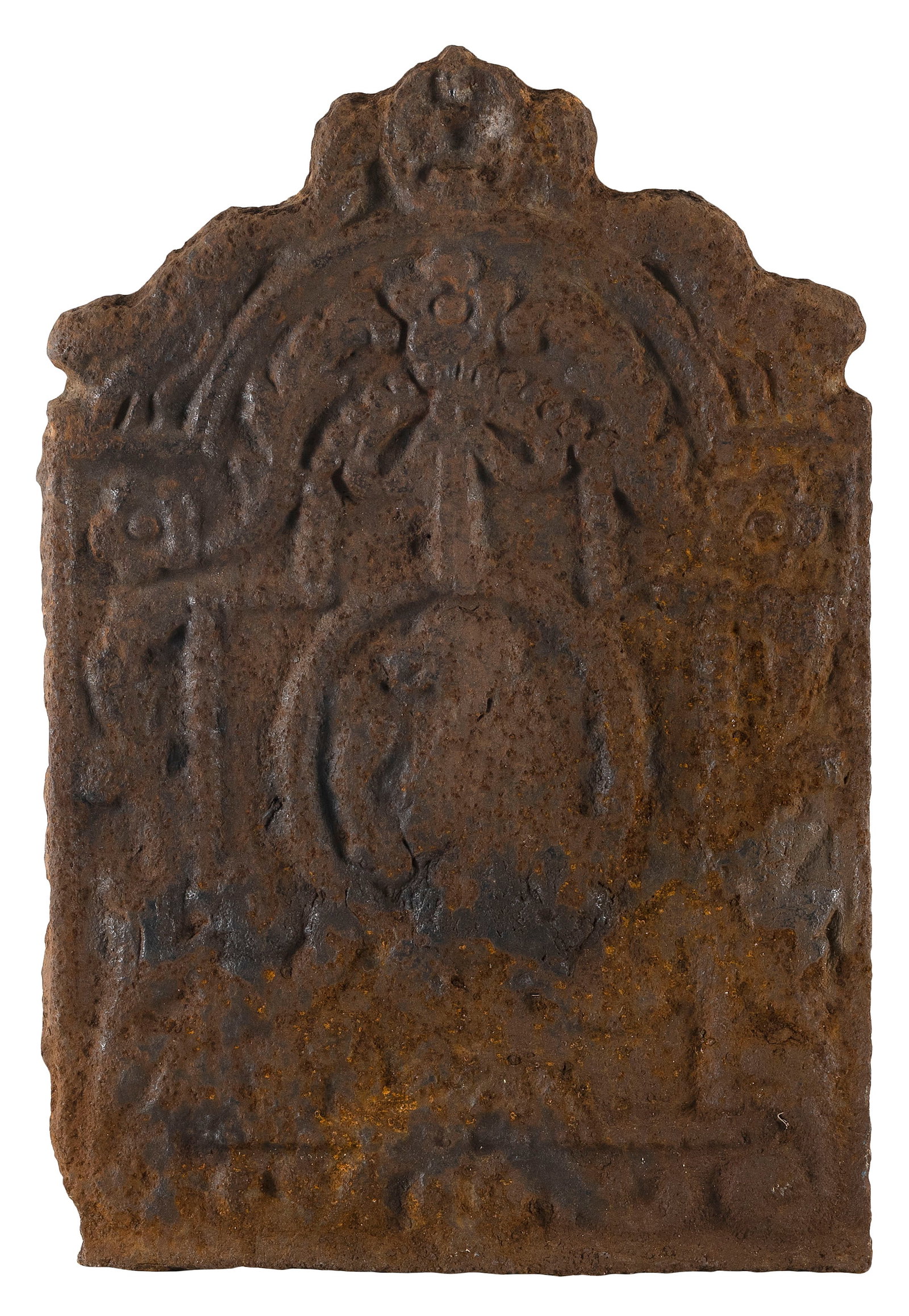 CAST IRON FIREBACK 18th Century 24" x 16".: CAST IRON FIREBACK 18th Century Found in a Plympton, Massachusetts house. Molded floral decoration. 24" x 16".