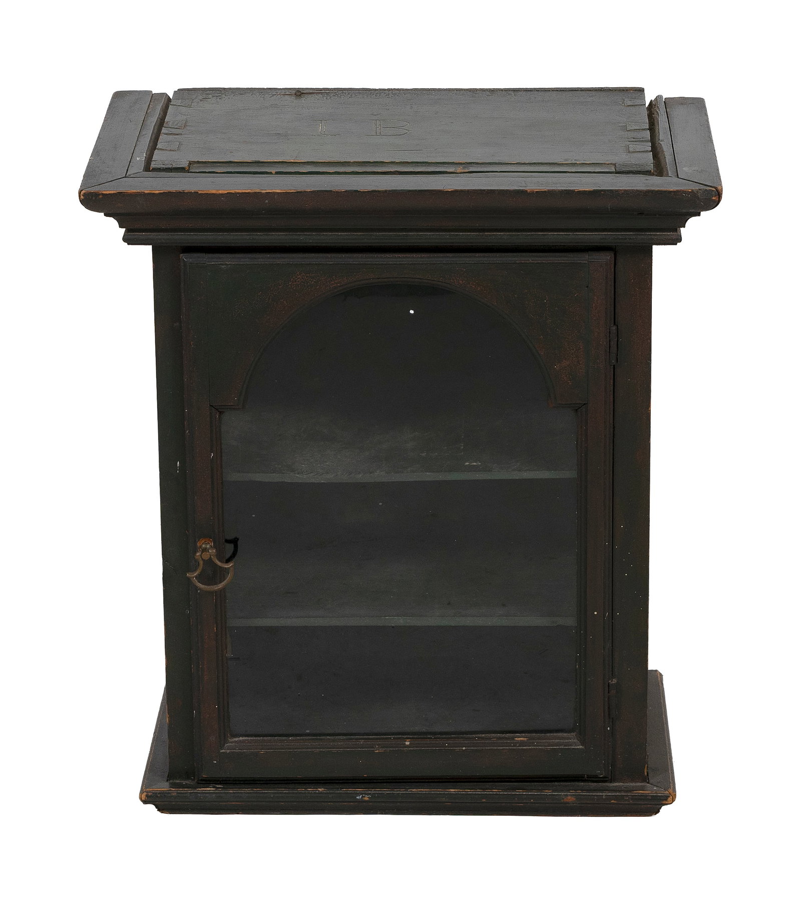 PINE WALL CABINET WITH ARCHED DOOR New England, 18th/19th Century: PINE WALL CABINET WITH ARCHED DOOR New England, 18th/19th Century Under old green paint. Cornice with molded edge. Glazed door.