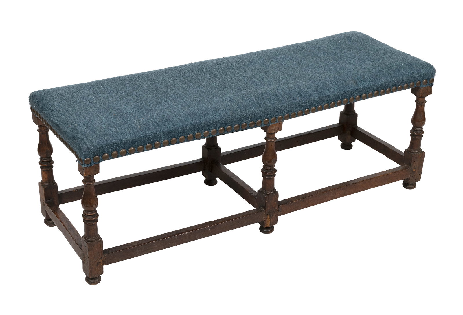 WILLIAM AND MARY-STYLE LOW BENCH 20th Century Height 19". Length 51". Depth 18.5".: WILLIAM AND MARY-STYLE LOW BENCH 20th Century Turned legs joined by a box stretcher. Teal blue upholstered seat. Height 19". Length 51". Depth 18.5". Provenance: The Estate of Paul and Diane Madden, S