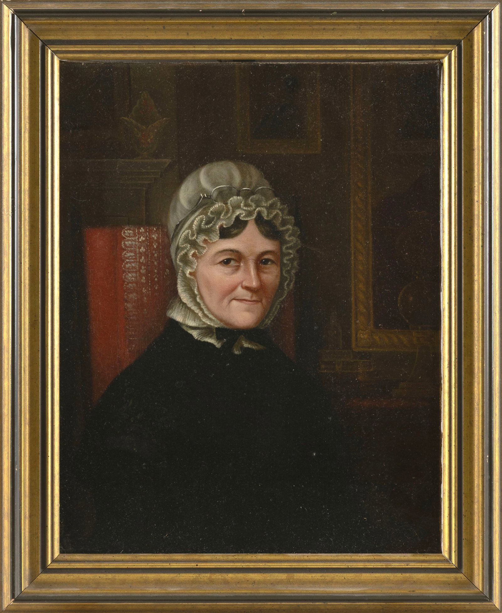 AMERICAN SCOOL (19th Century,), Portrait of a woman wearing a lace bonnet., Oil on canvas, 13.5" x: AMERICAN SCOOL 19th Century Portrait of a woman wearing a lace bonnet. Unsigned. Oil on canvas, 13.5" x 10.5". Framed.