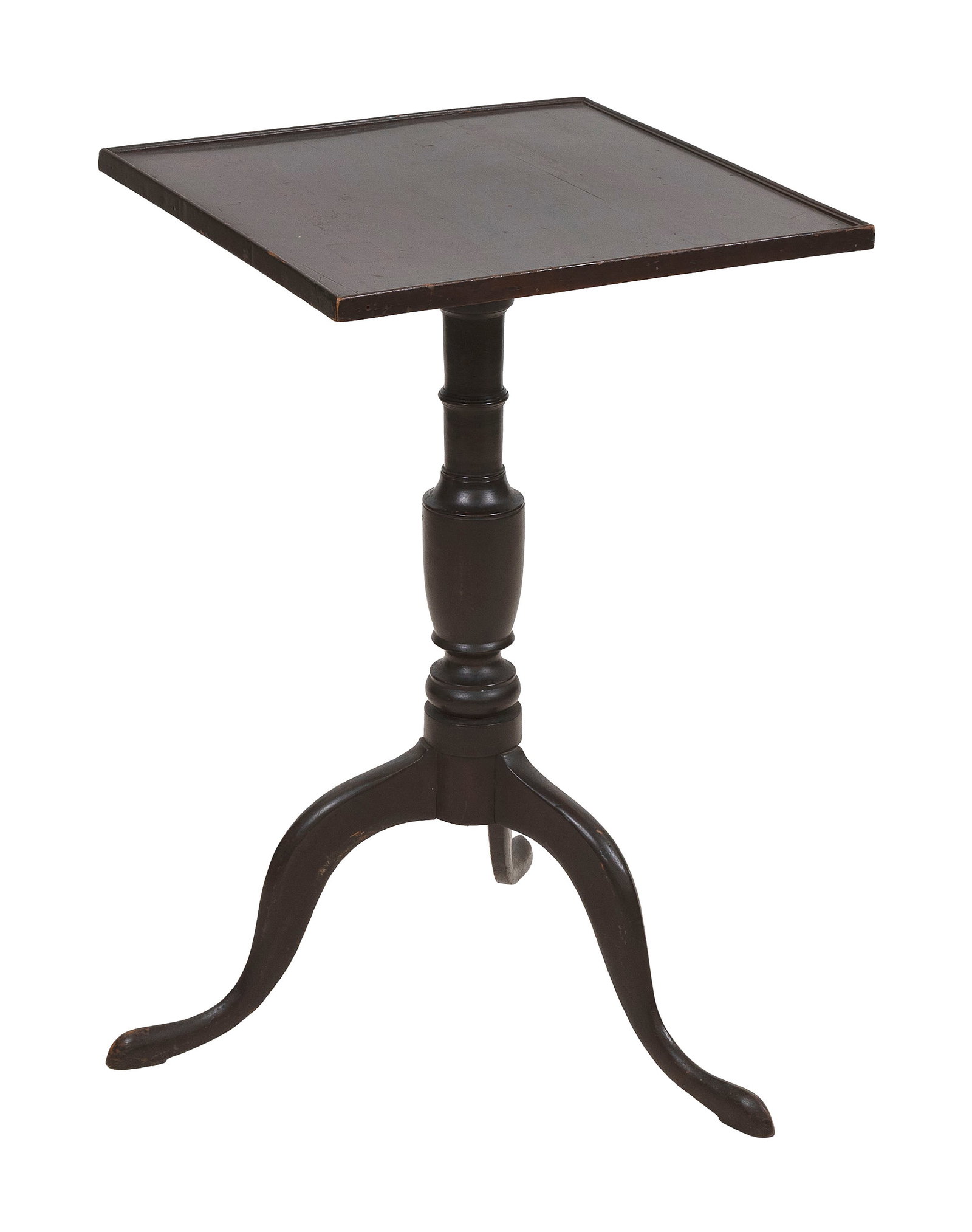 QUEEN ANNE MAHOGANY CANDLESTAND 18th Century Height 28.5". Top 17.5" x 18".: QUEEN ANNE MAHOGANY CANDLESTAND 18th Century Brown stained finish. Square top with molded edge. Turned pedestal raised on arched legs ending in pad feet. Height 28.5". Top 17.5" x 18".