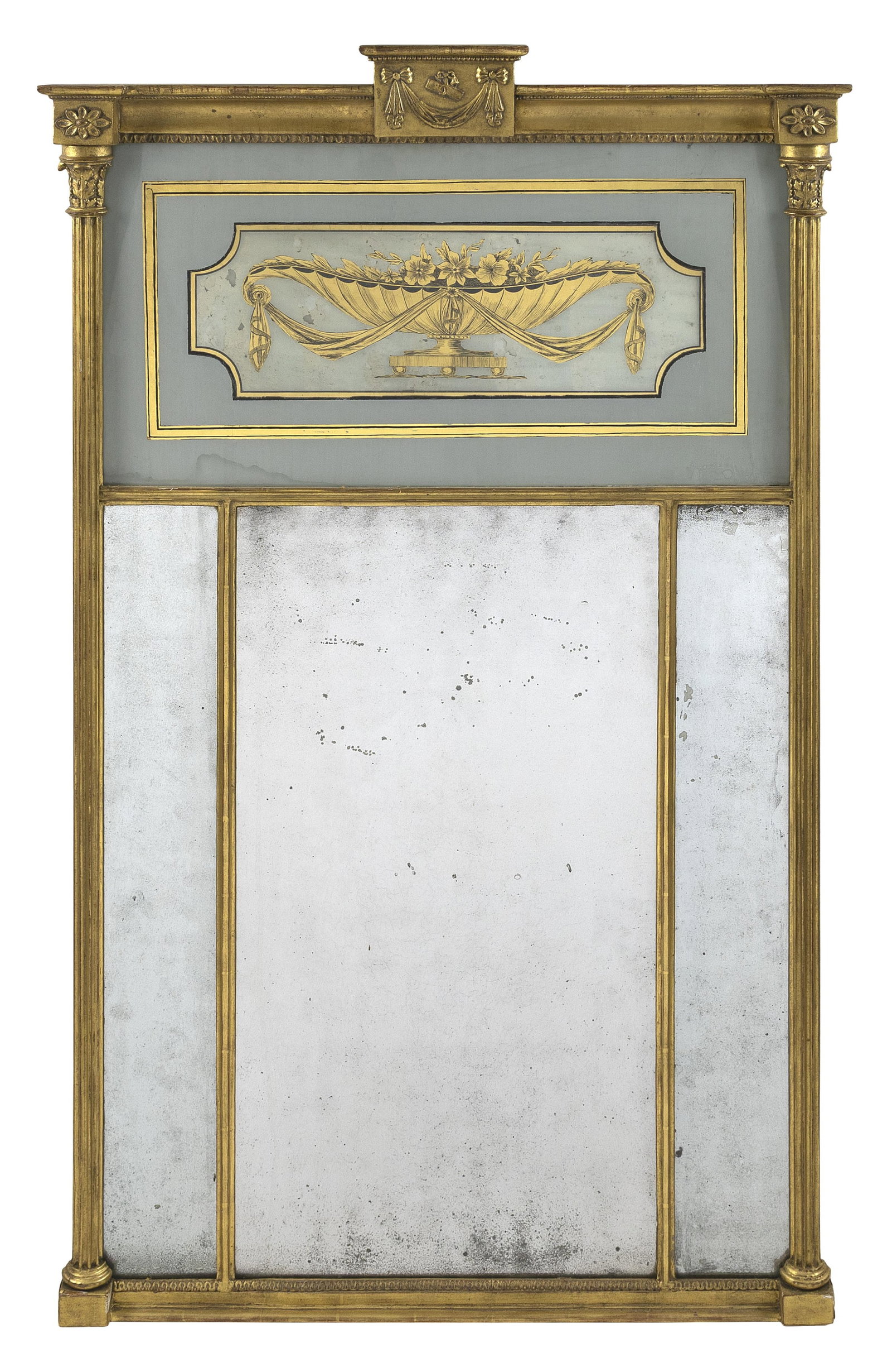 PIER MIRROR 19th Century Height 52.5". Width 33".: PIER MIRROR 19th Century Reverse-painted upper tablet depicts a footed urn. Height 52.5". Width 33".