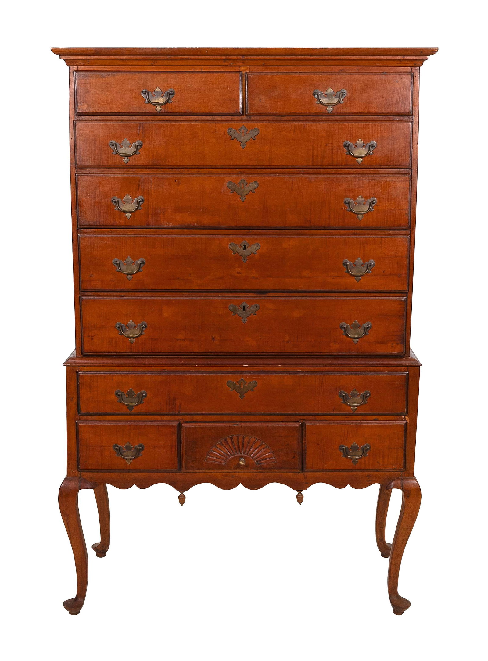 QUEEN ANNE TIGER MAPLE HIGHBOY 18th Century Height 67". Width 42.5". Depth 20".: QUEEN ANNE TIGER MAPLE HIGHBOY 18th Century Height 67". Width 42.5". Depth 20".