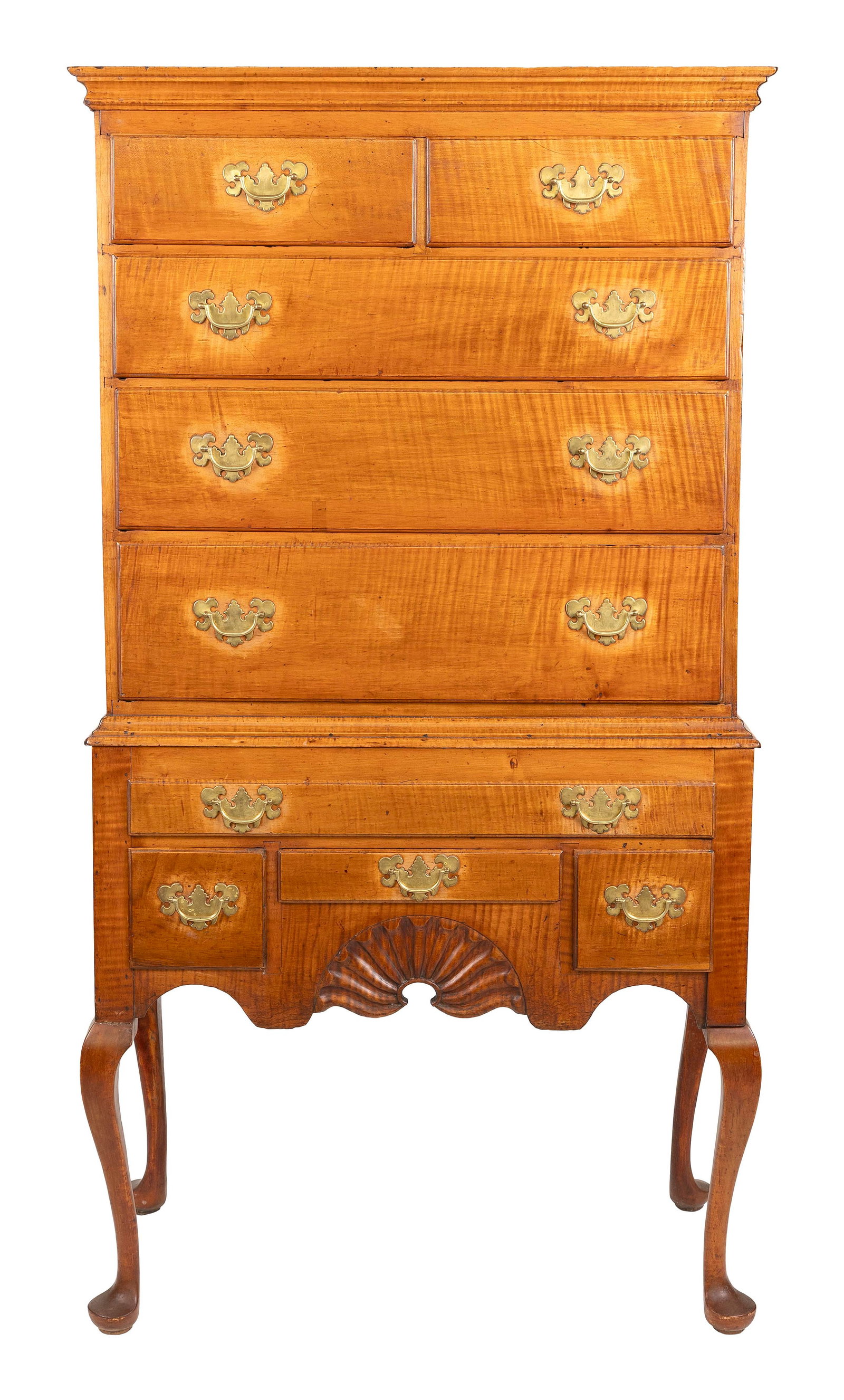 QUEEN ANNE TIGER MAPLE HIGHBOY 18th Century Height 68.5". Width 36". Depth 19.25".: QUEEN ANNE TIGER MAPLE HIGHBOY 18th Century Fan-carved skirt. Cabriole legs end in pad feet. Height 68.5". Width 36". Depth 19.25".