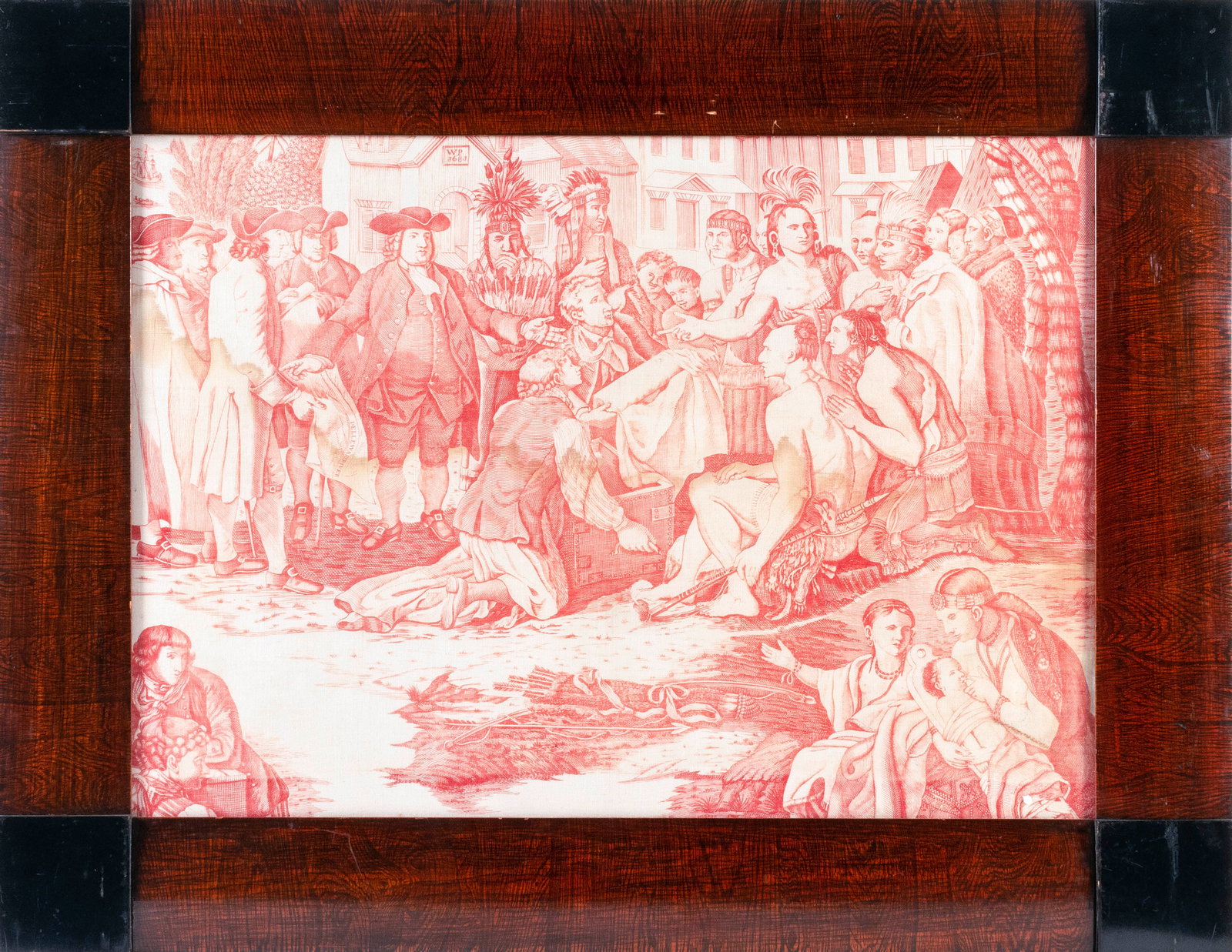 PRINTED CLOTH DEPICTING PENN'S TREATY America, 19th Century 19" x 28" sight. Framed 27" x 35.5". (1 of 2)