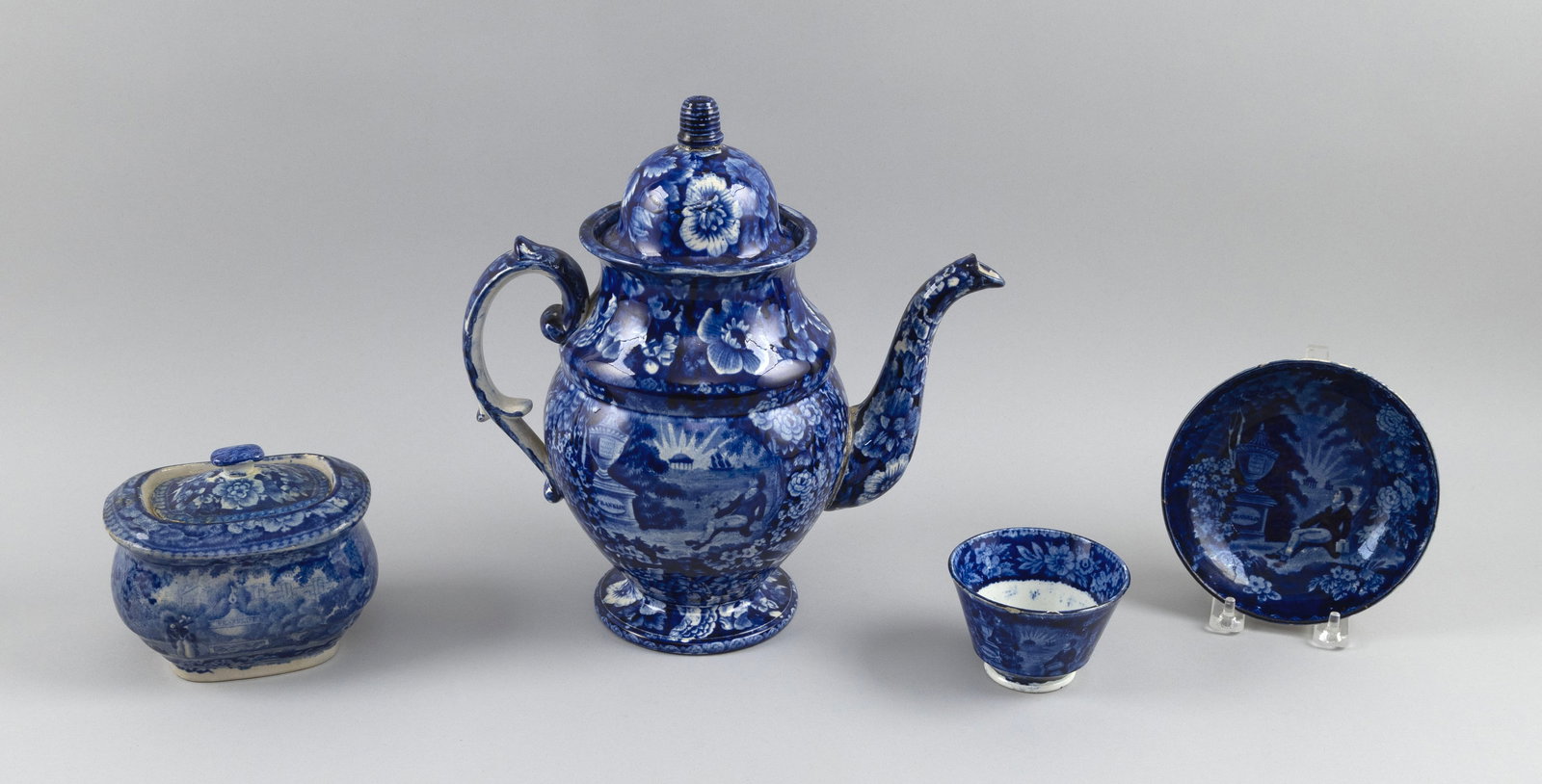 FOUR PIECES OF WOOD & SONS "FRANKLIN'S TOMB" DEEP BLUE STAFFORDSHIRE England, Early 19th Century (1 of 3)