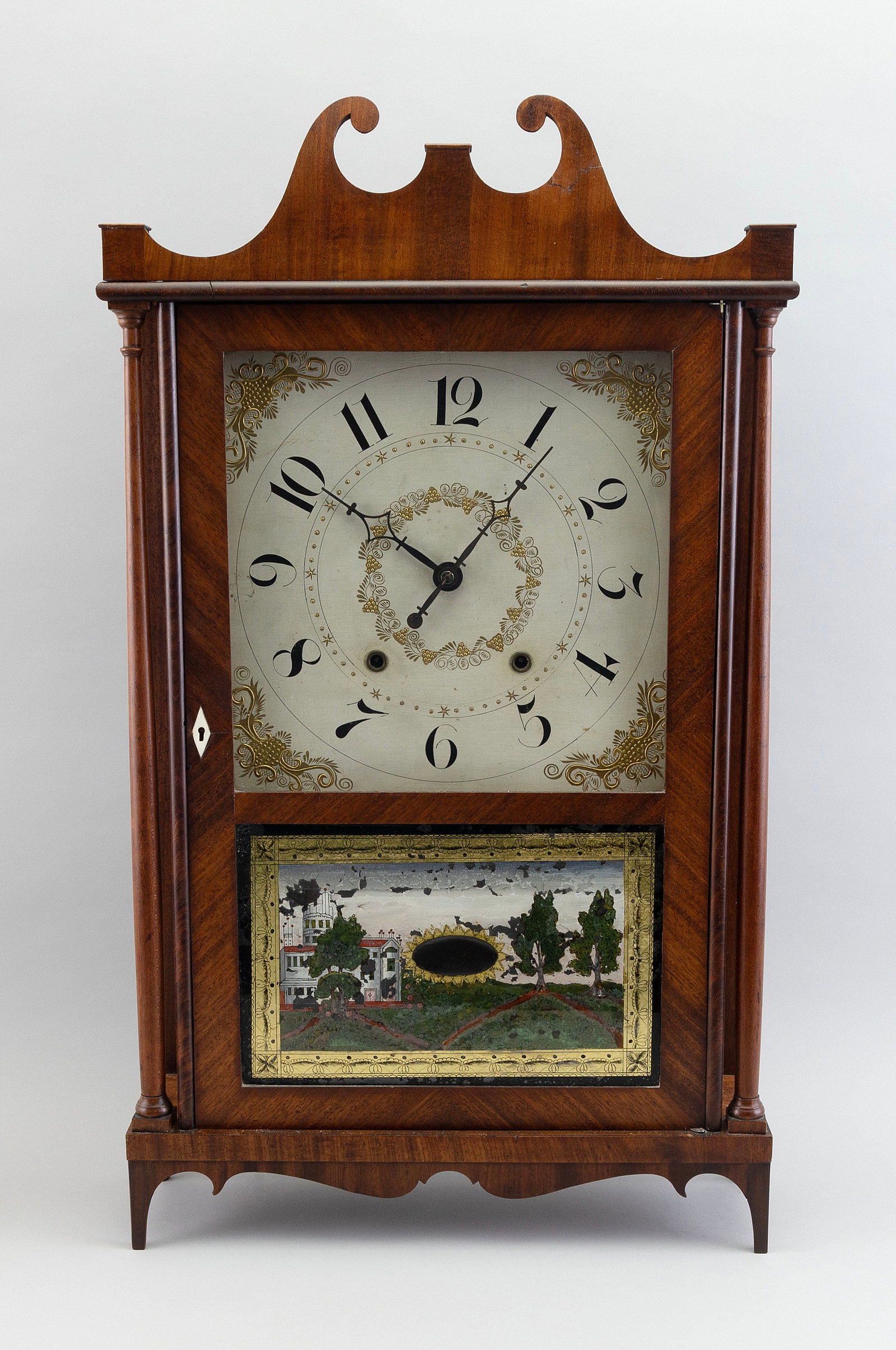 EPHRAIM DOWNS PILLAR AND SCROLL CLOCK 19th Century Height 29". Width 16.5". Depth 4.5". (1 of 6)