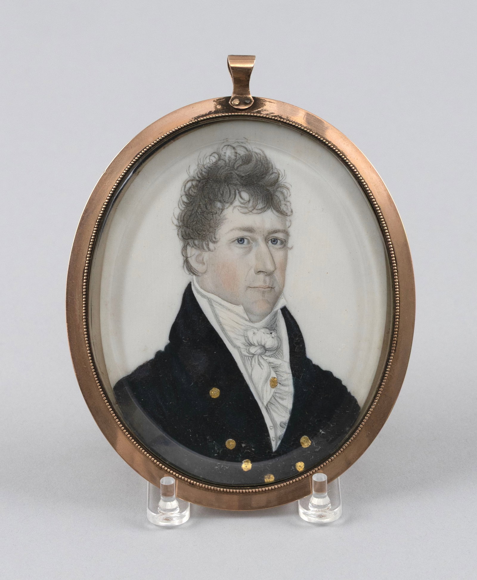 PORTRAIT MINIATURE ON IVORY OF A BLUE-EYED GENTLEMAN Late 18th/Early 19th Century Framed 3.5" x 3". (1 of 2)