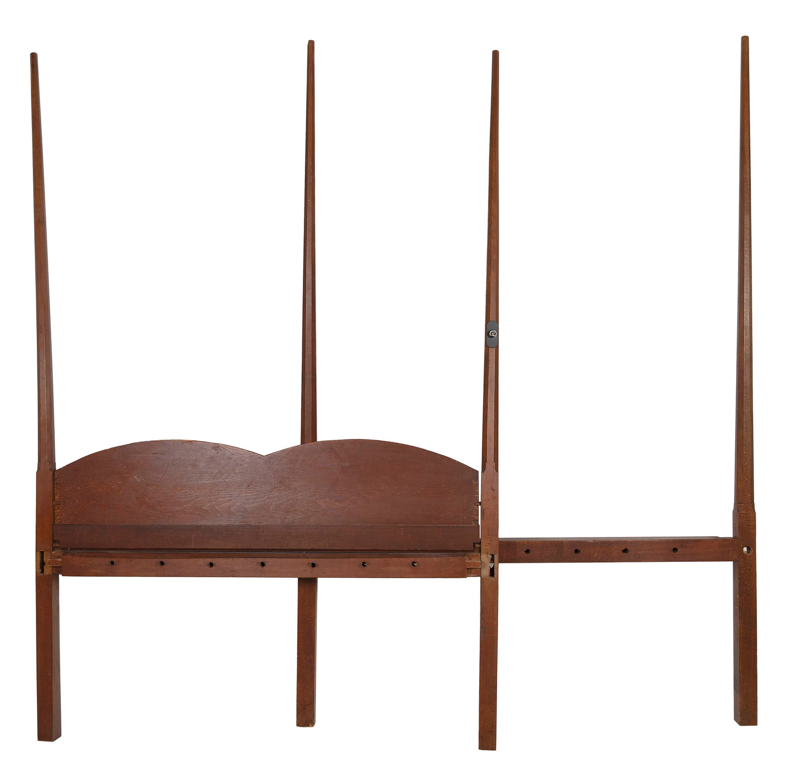 CHIPPENDALE PENCIL-POST BED Late 18th Century Height 80.75". Length 75.75". Width 54".: CHIPPENDALE PENCIL-POST BED Late 18th Century Under old red paint. Octagonal posts with a lamb's tongue above the rails. Bow-shaped headboard. Height 80.75". Length 75.75". Width 54". Provenance: The 