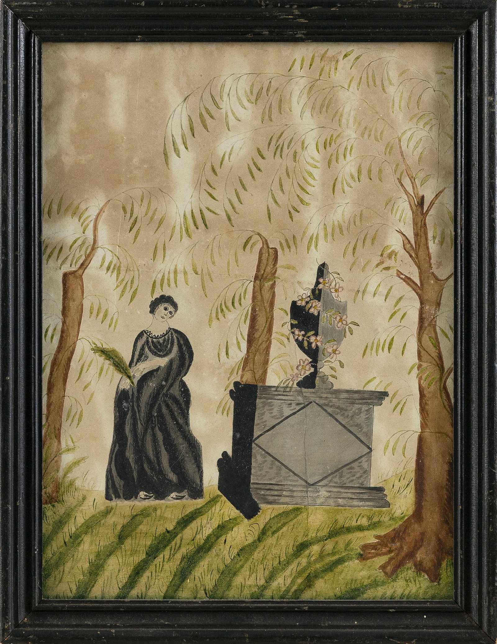 WATERCOLOR MEMORIAL Late 18th/Early 19th Century 12" x 9" sight. Framed 14" x 10.75".: WATERCOLOR MEMORIAL Late 18th/Early 19th Century Depicts a woman standing by an urn monument shaded by several trees. 12" x 9" sight. Framed 14" x 10.75". Provenance: The Estate of Paul and Diane Madd