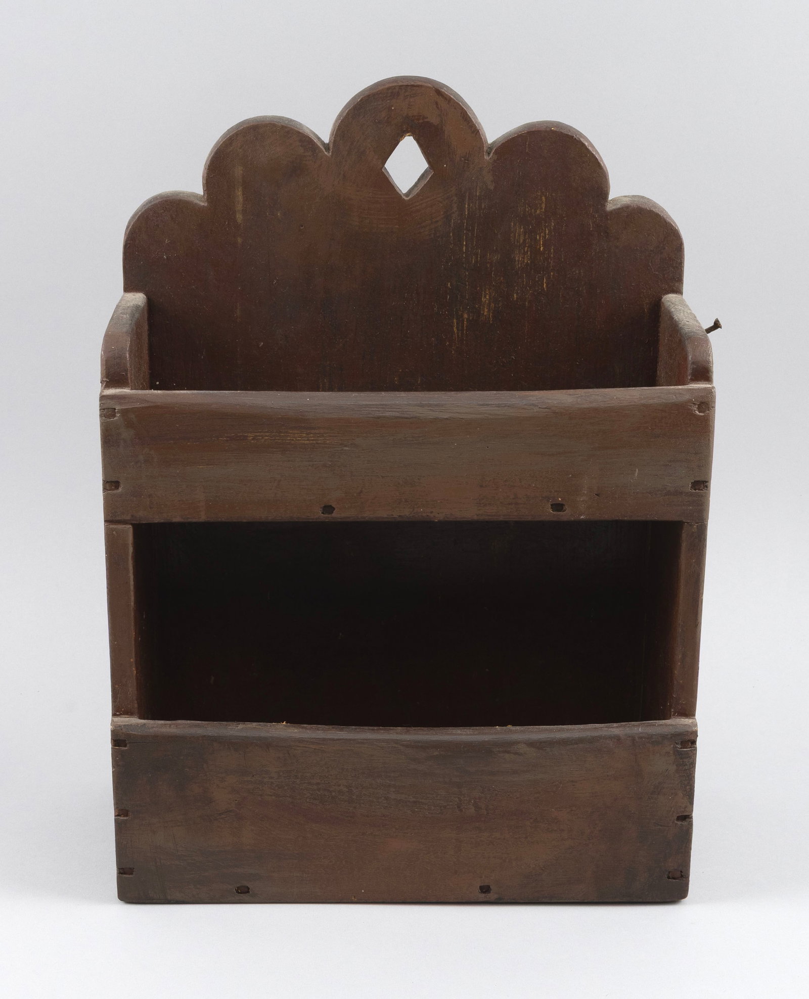 TWO-TIER WALL SHELF America, Early 19th Century Height 15". Width 11". Depth 5".: TWO-TIER WALL SHELF America, Early 19th Century Scalloped crest. Height 15". Width 11". Depth 5". Provenance: The Estate of Paul and Diane Madden, Sandwich, Massachusetts.