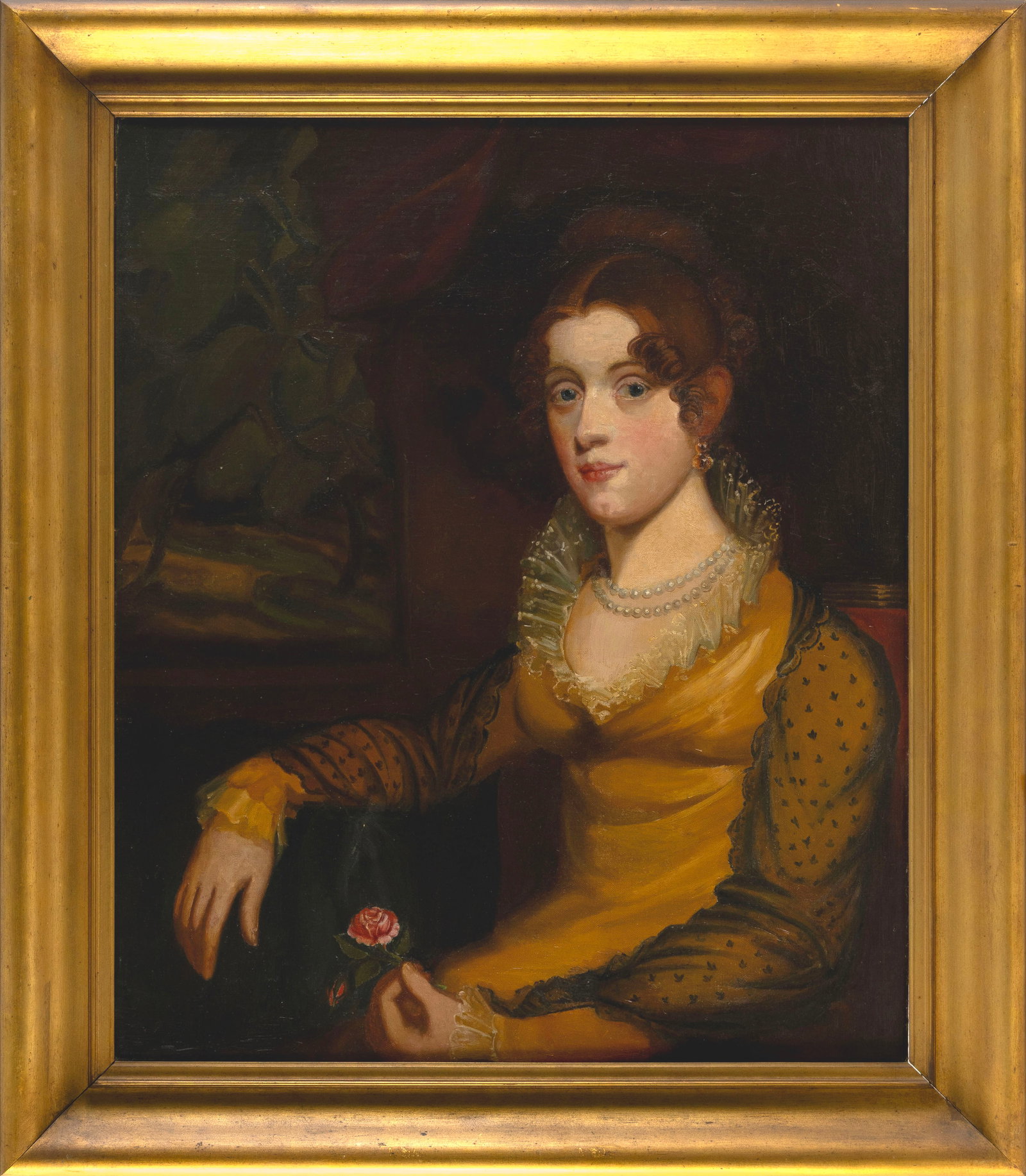 AMERICAN SCHOOL (19th Century,), Portrait of Anne Micheau Burrow holding a rose., Oil on canvas, 30" (1 of 2)