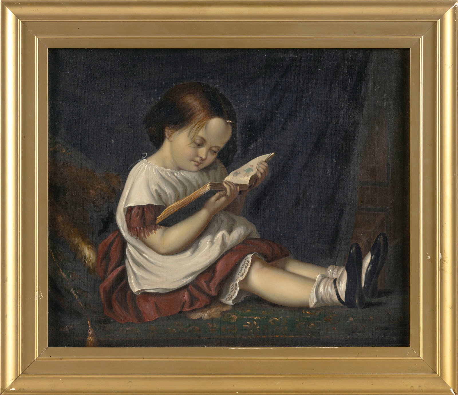 AMERICAN SCHOOL (19th Century,), Portrait of a girl with a book., Oil on canvas, 12.25" x 15.25".: AMERICAN SCHOOL 19th Century Portrait of a girl with a book. Unsigned. Oil on canvas, 12.25" x 15.25". Framed 16" x 19".