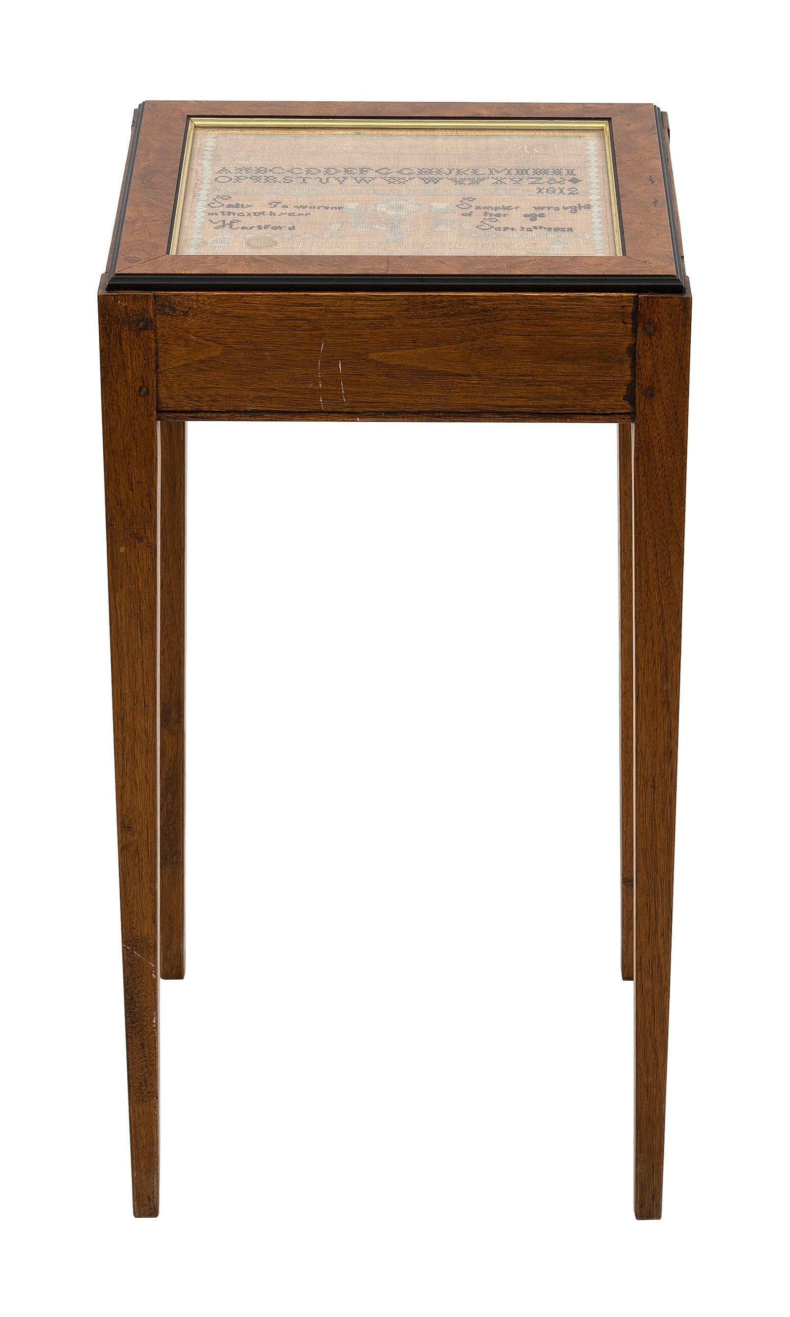 NEEDLEWORK SAMPLER MOUNTED AS A SIDE TABLE Dated 1812 Height 24.5". Top 11" x 13". (1 of 2)