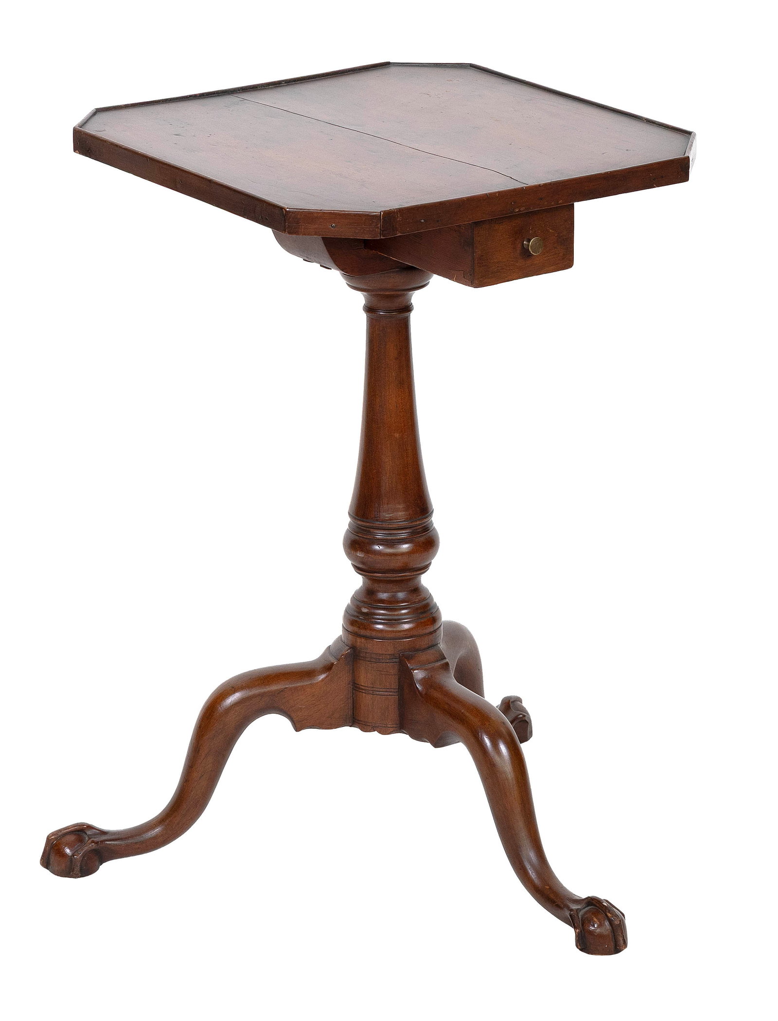CHERRY CANDLESTAND Connecticut, Early 19th Century Height 25". Top 16.25" x 16.25".: CHERRY CANDLESTAND Connecticut, Early 19th Century Square cut-corner top with molded edge. Fitted for a drawer below top. Vasifom pedestal raised on a tripod base ending in claw & ball feet. Missing d