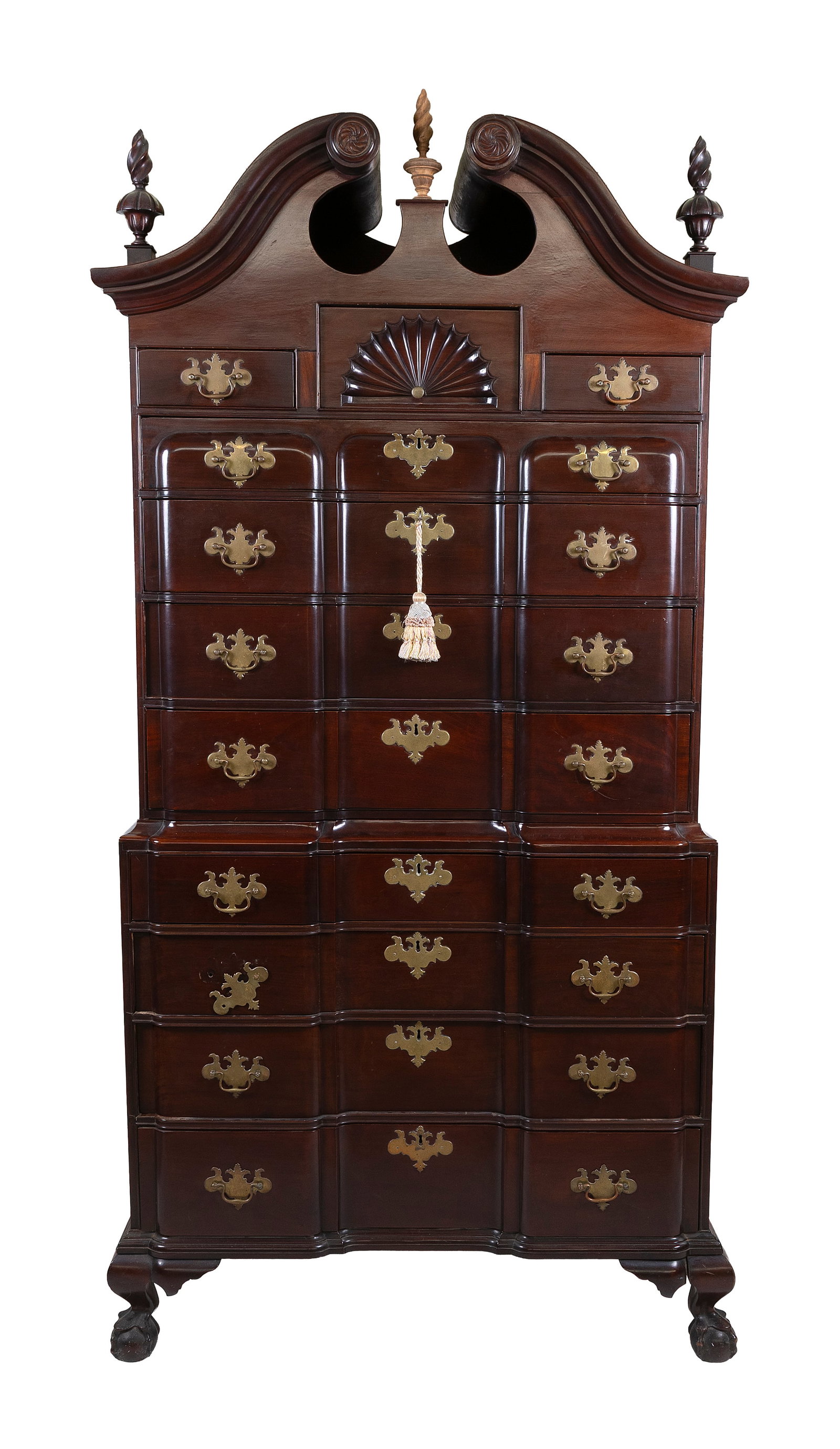 CHIPPENDALE MAHOGANY BLOCK-FRONT CHEST-ON-CHEST 19th Century Height 88". Width 44". Depth 22". (1 of 1)