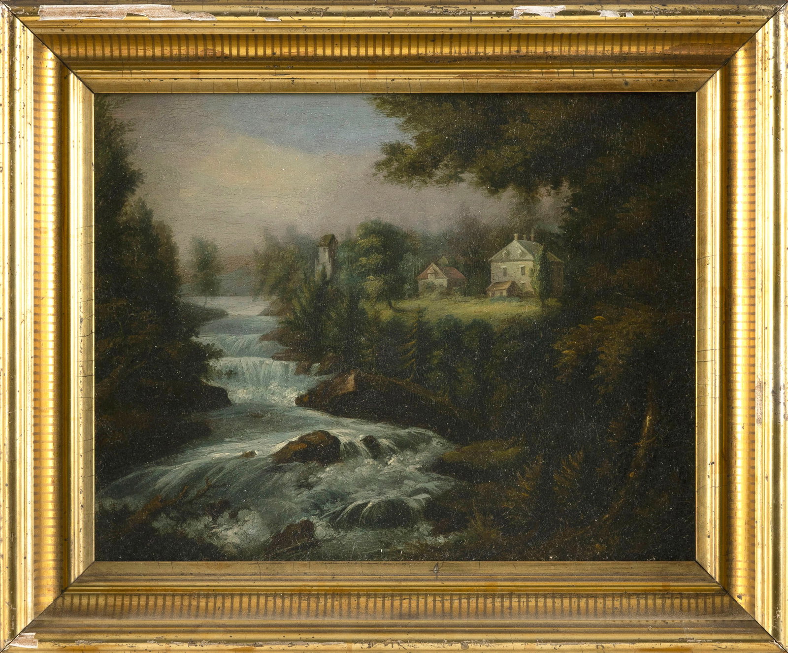 AFTER CHARLES HUBBARD (19th Century,), "The Falls at Nashua, New Hampshire"., Oil on board, 9" x (1 of 2)