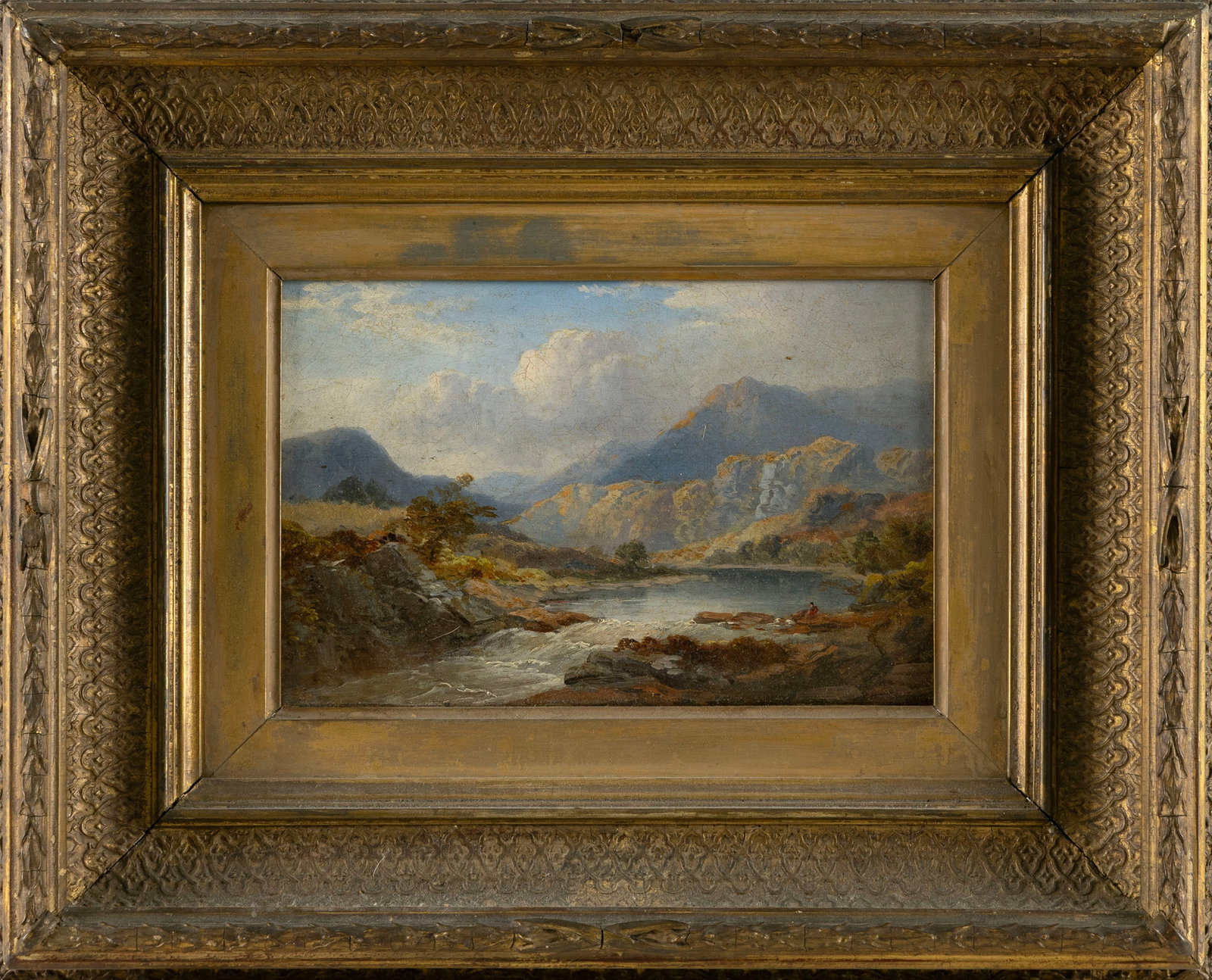 AMERICAN SCHOOL (19th Century,), Mountain landscape with figures by a gentle waterfall., Oil on (1 of 2)