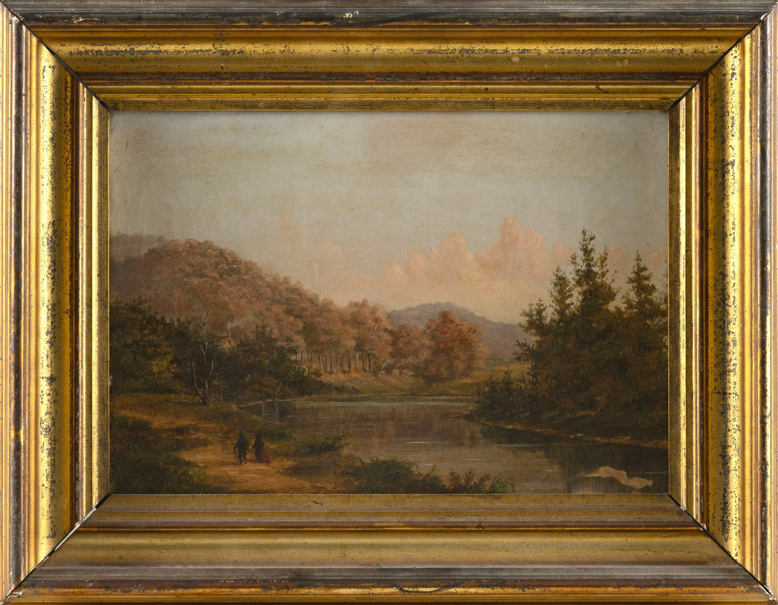 AMERICAN SCHOOL (19th Century,), Couple walking on the bank of a river, Oil on canvas, 9" x 13". (1 of 2)