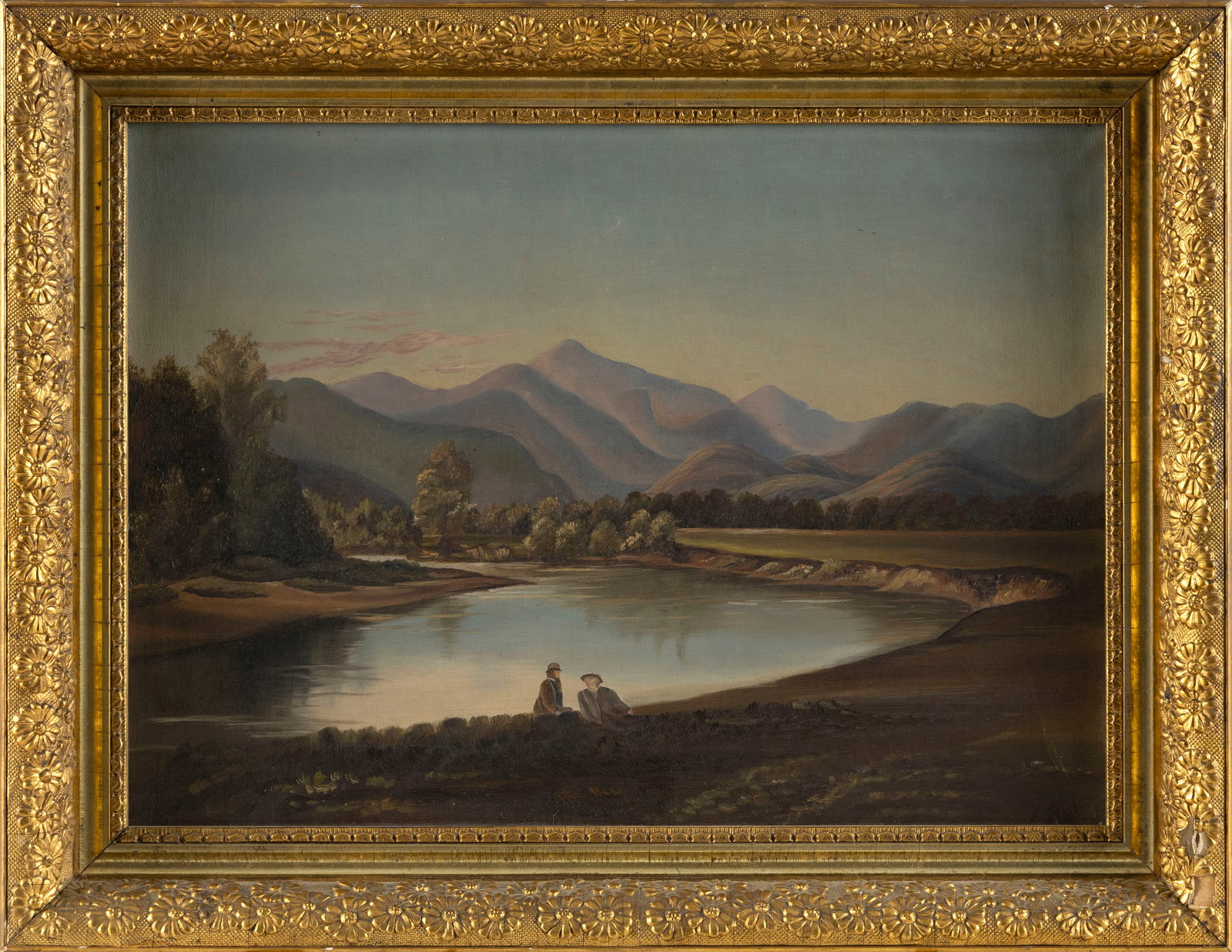 AMERICAN SCHOOL (Circa 1888,), Lake scene., Oil on canvas, 12.5" x 17". Framed 16" x 21". (1 of 2)