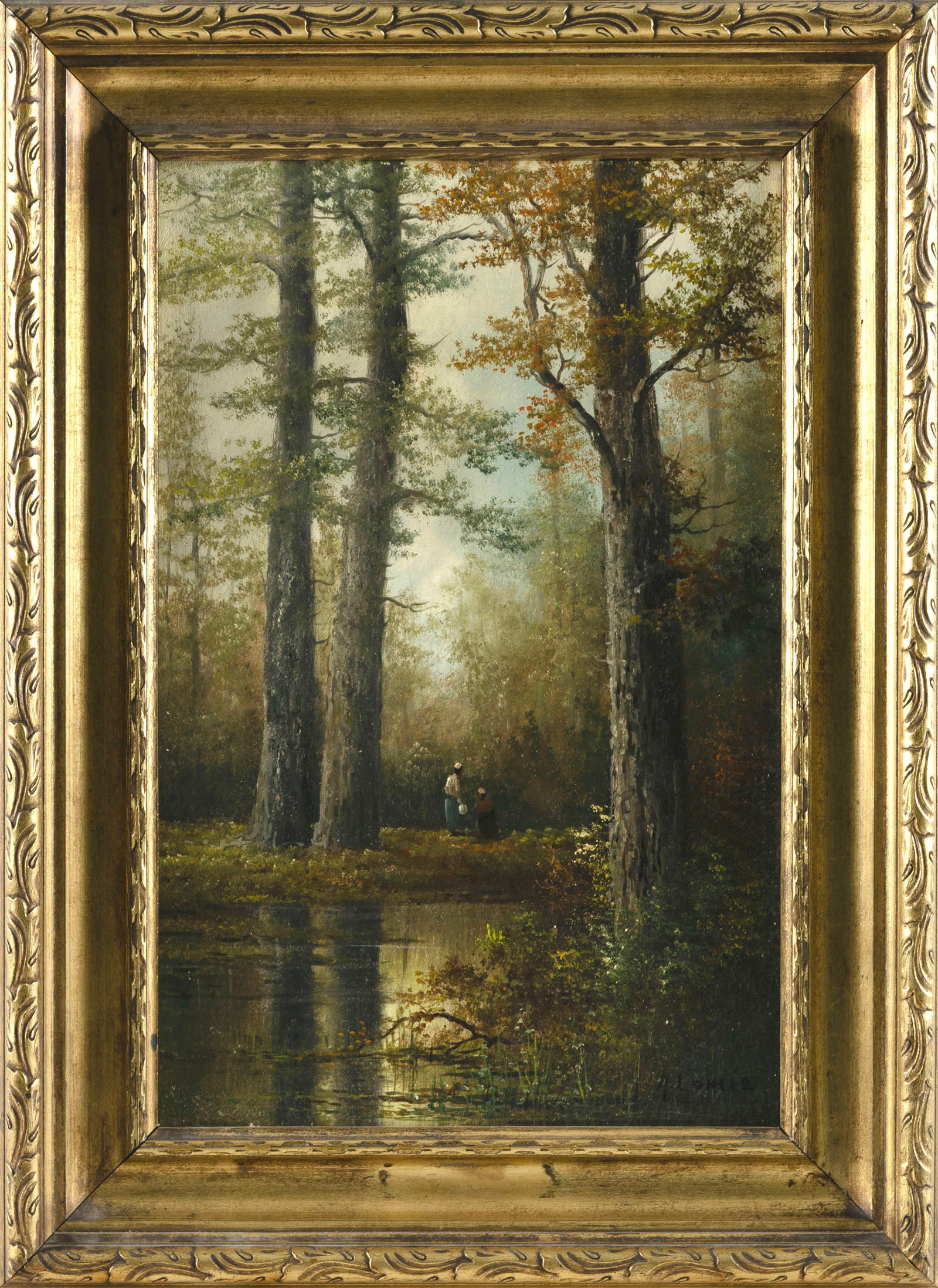 AMERICAN SCHOOL (Early 20th Century,), Figures strolling through a forest., Oil on canvas, 18" x (1 of 2)