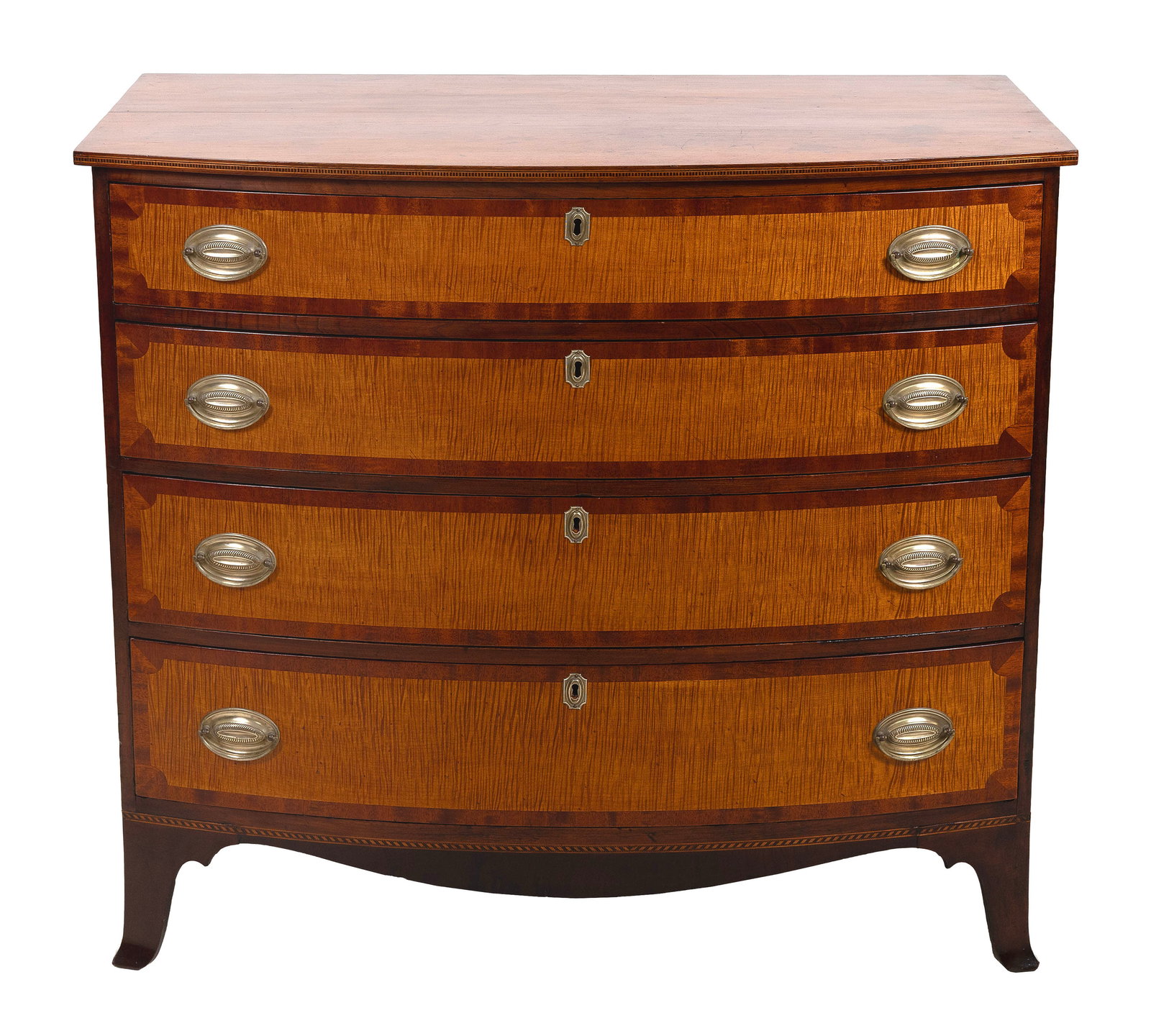FEDERAL MAHOGANY AND TIGER MAPLE BOWFRONT BUREAU Early 19th Century Height 37". Width 41.5". Depth (1 of 1)