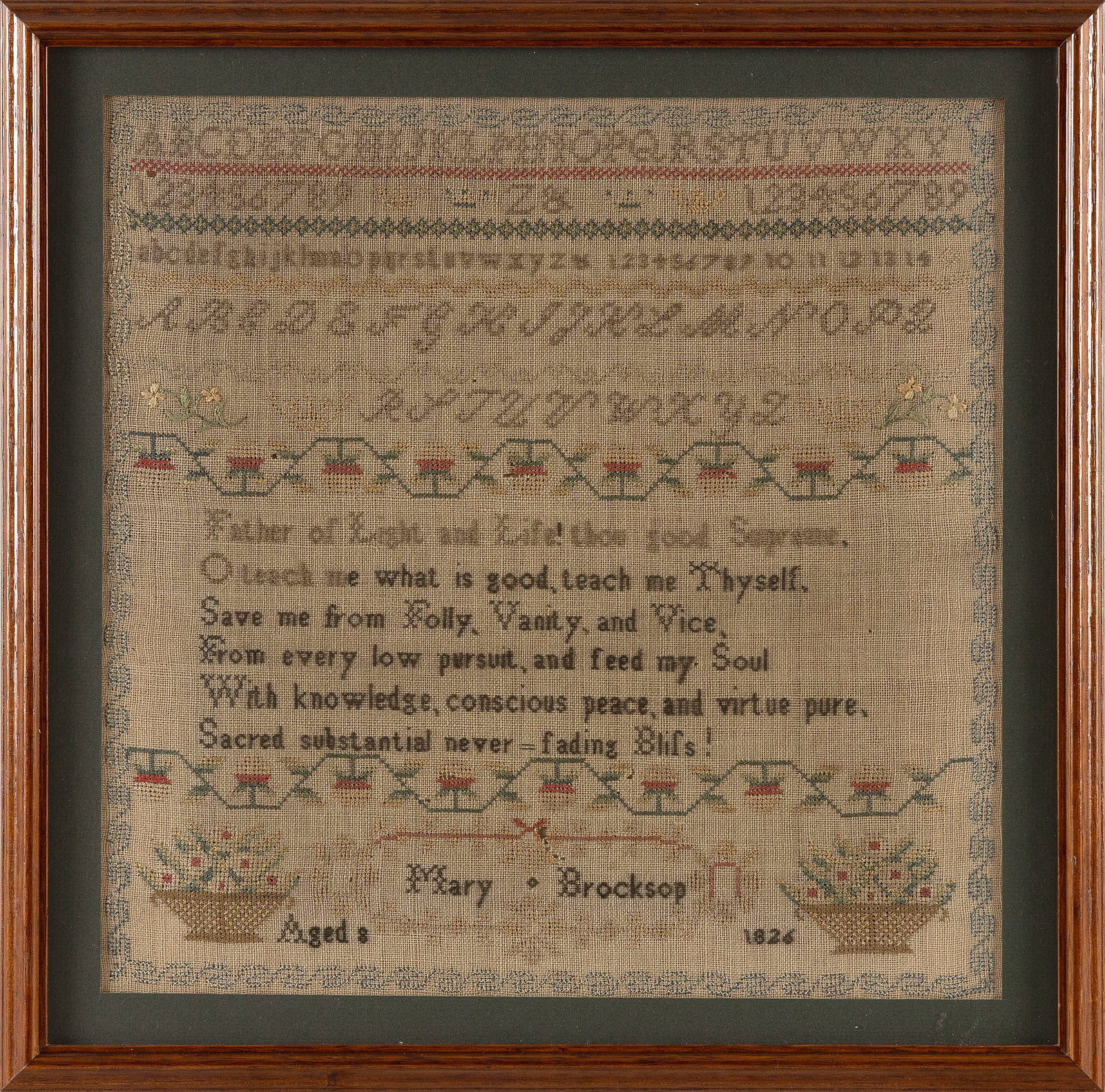 NEEDLEWORK SAMPLER Dated 1826 11.5" x 11.5" sight. Framed 14" x 14.5". (1 of 2)