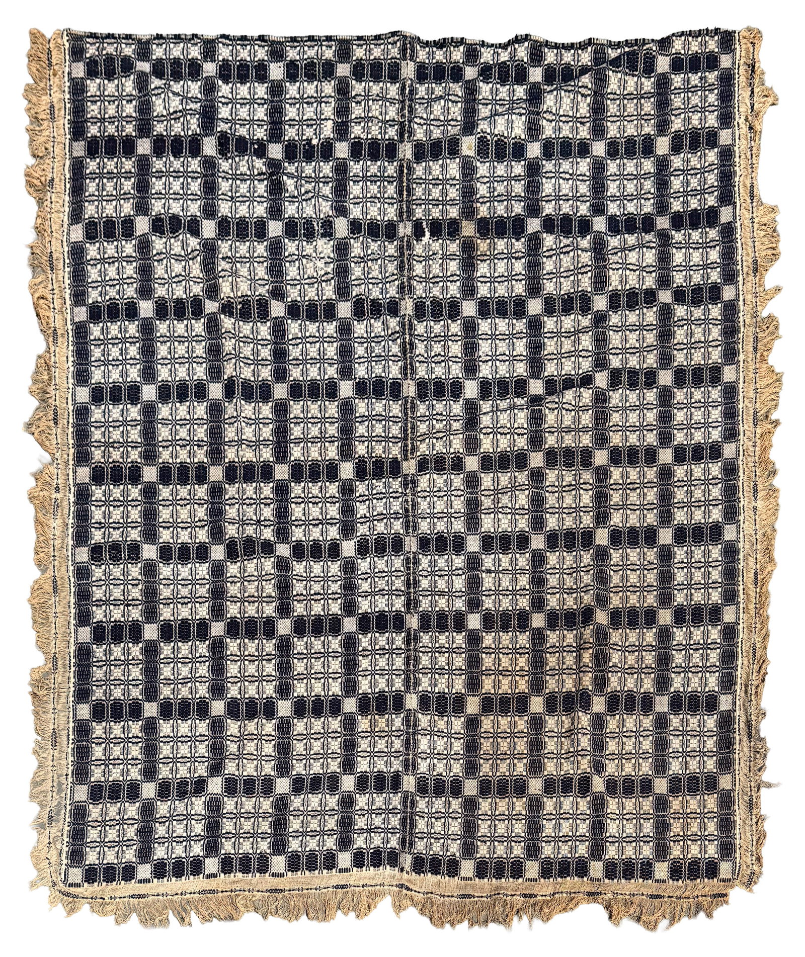 TWO-PIECE OVERSHOT COVERLET FROM THE HEWINS FAMILY New Bedford, Massachusetts, Circa 1840 94" x 94". (1 of 1)