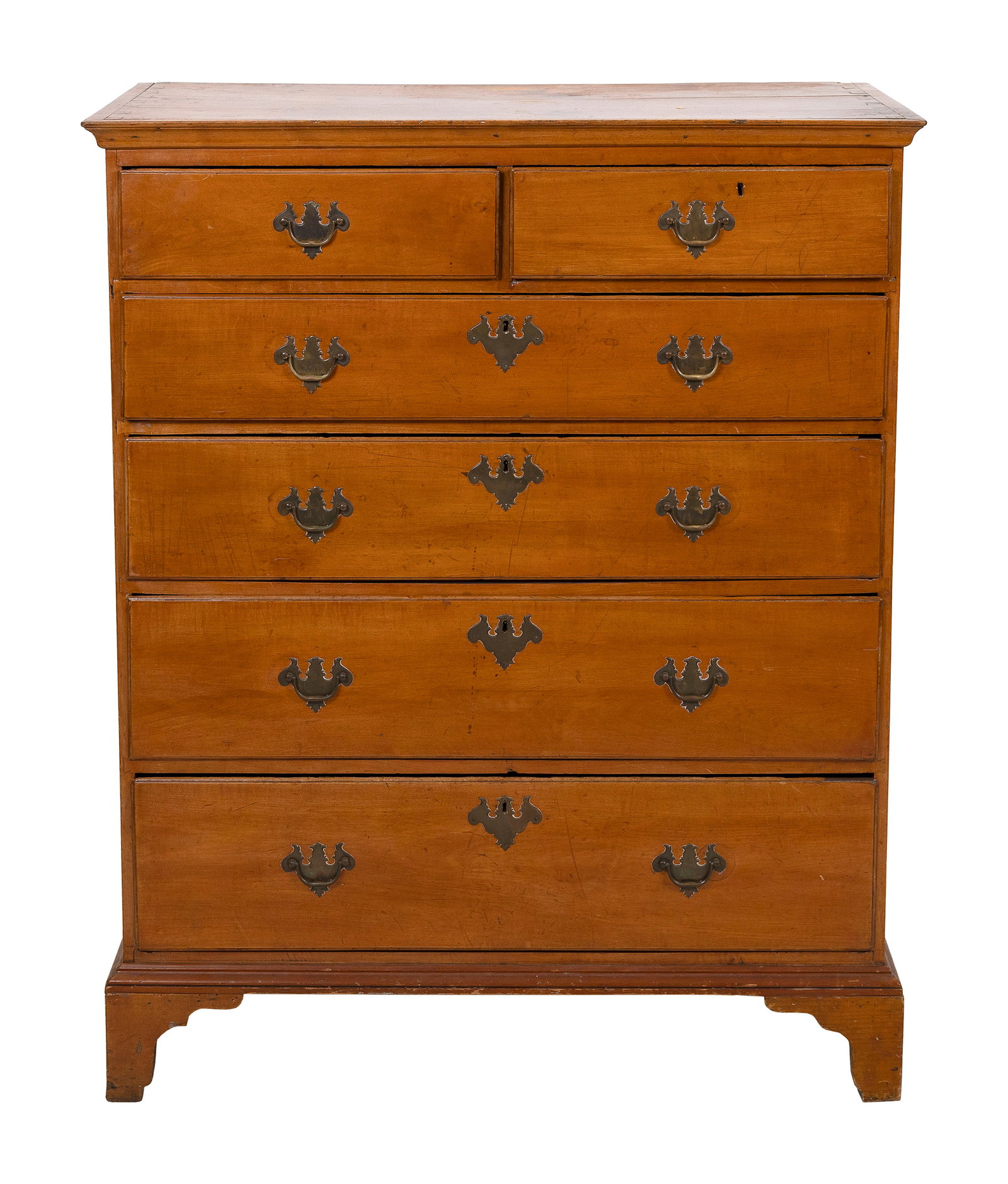 CHIPPENDALE MAPLE CHEST OF DRAWERS New England, Early 19th Century Height 47". Width 38". Depth: CHIPPENDALE MAPLE CHEST OF DRAWERS New England, Early 19th Century Half drawers over four full-width drawers. Flat bracket feet. Height 47". Width 38". Depth 19.5".