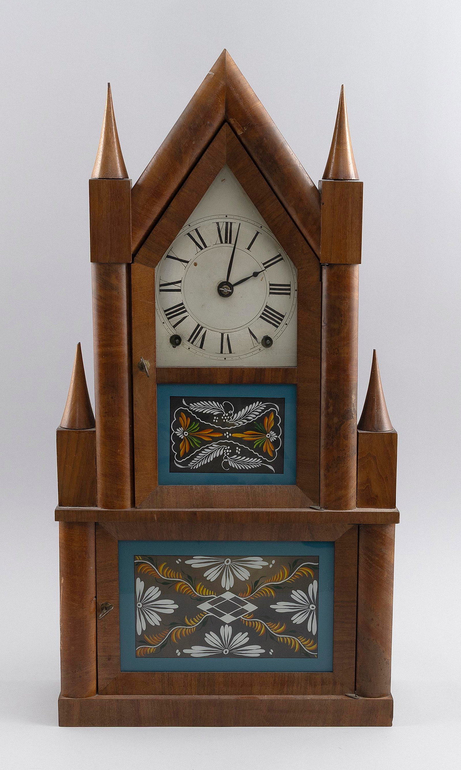 RARE TERRY & ANDREWS DOUBLE STEEPLE CLOCK Bristol, Connecticut, 19th Century Height 27".: RARE TERRY & ANDREWS DOUBLE STEEPLE CLOCK Bristol, Connecticut, 19th Century Mahogany and mahogany veneer case. Retains original label. Height 27".