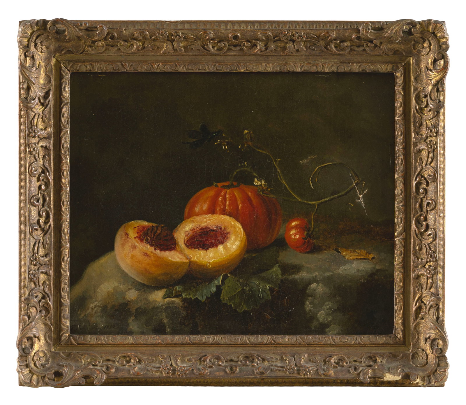 AMERICAN SCHOOL (19th Century,), Still life of fruit and gourds., Oil on canvas, 12" x 16". Framed (1 of 2)