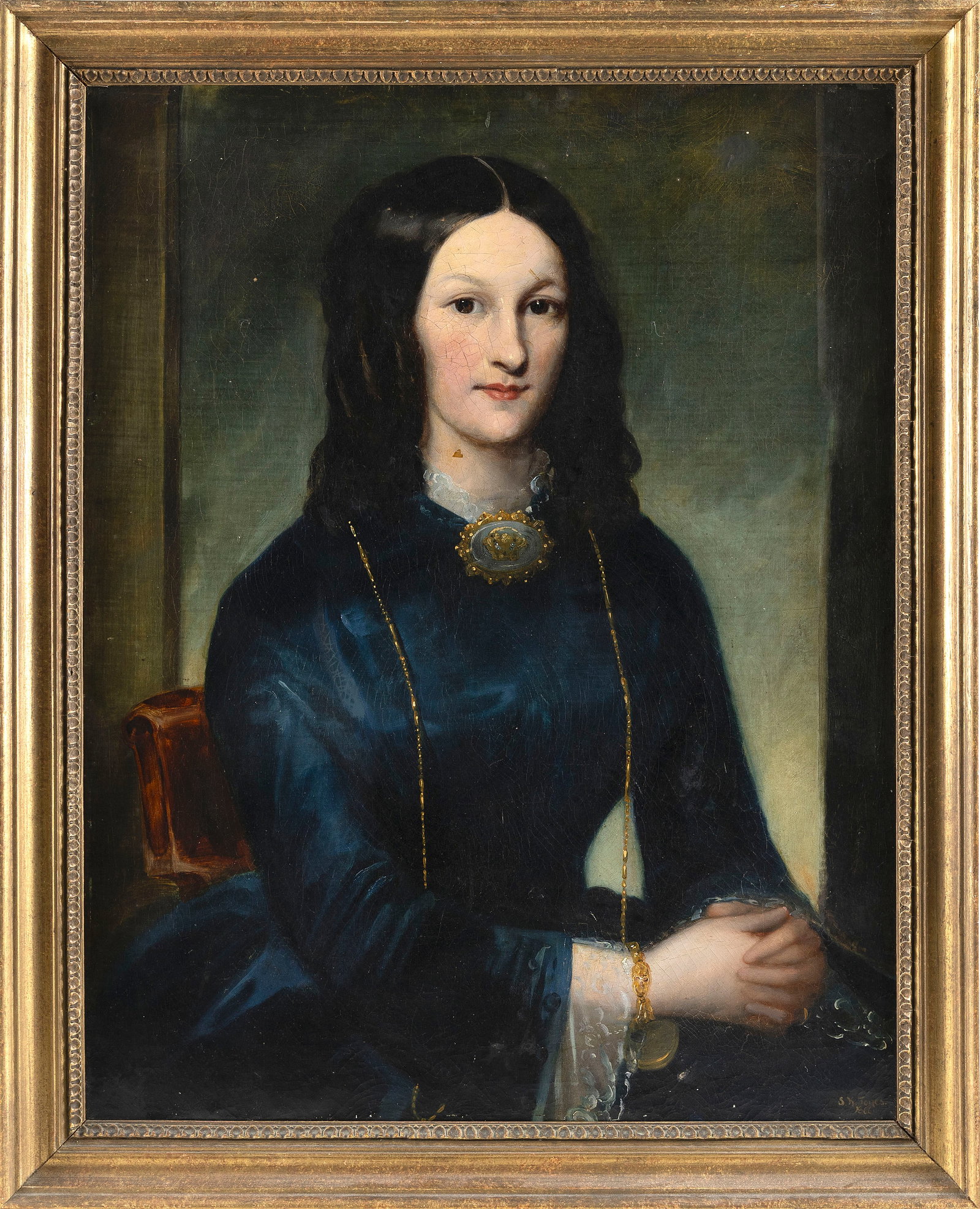 AMERICAN SCHOOL (Mid-19th Century,), Portrait of a young woman wearing a long gold chain and fancy (1 of 2)