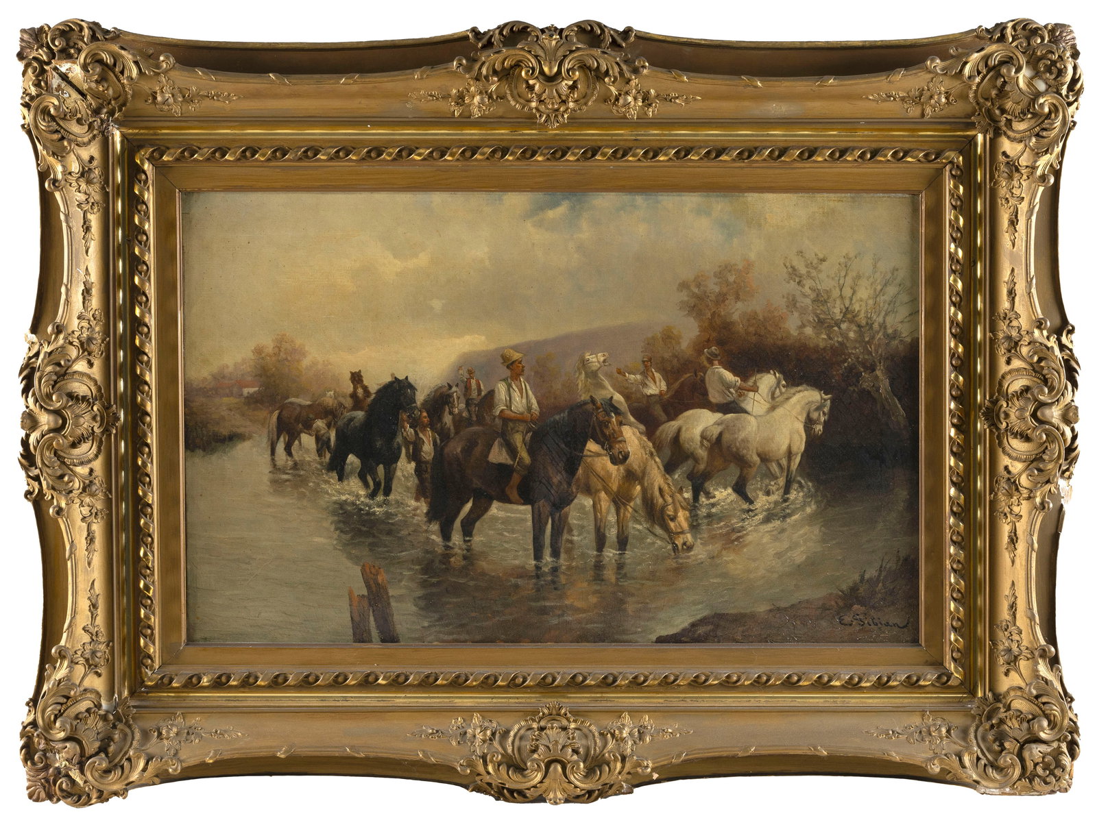LANDSCAPE WITH MEN ON HORSEBACK CROSSING A RIVER 19th Century Oil on canvas, 19.5" x 32". Framed 34" (1 of 2)