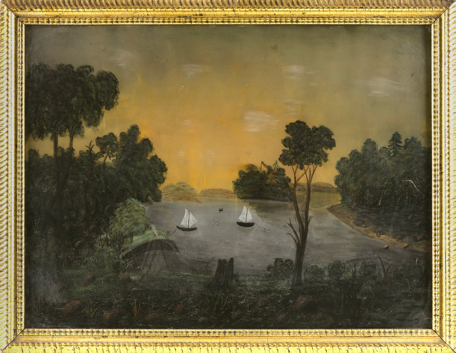 AMERICAN SCHOOL (19th Century,), Primitive landscape., Pastel on paper, 20" x 27.25" sight. Framed (1 of 2)