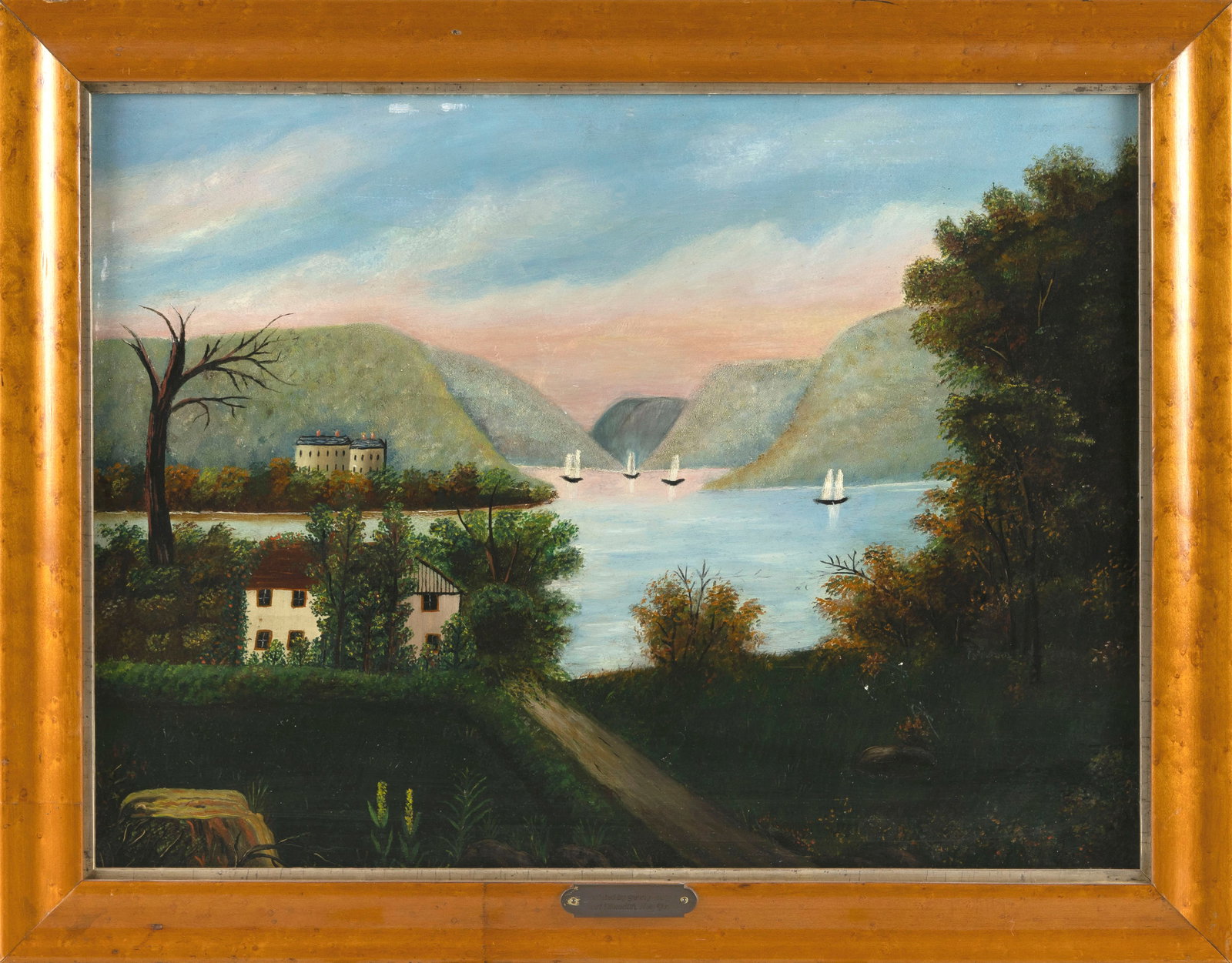 HUDSON RIVER SCHOOL (Second Half of the 19th Century,), Folk art riverscape., Oil on masonite, (1 of 2)