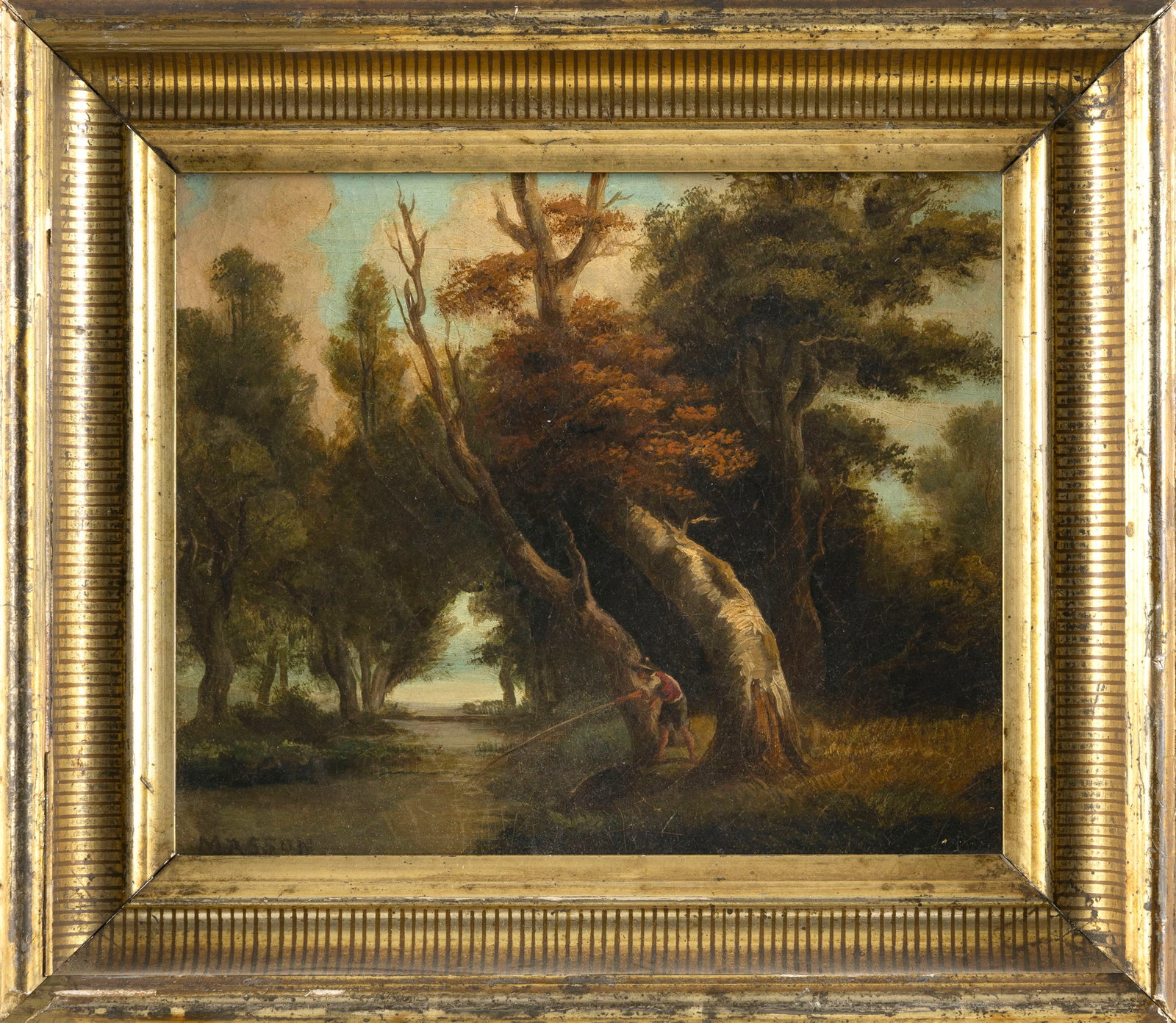 AMERICAN SCHOOL (19th Century,), Young man on a river bank., Oil on canvas laid down on board, 10" x (1 of 2)
