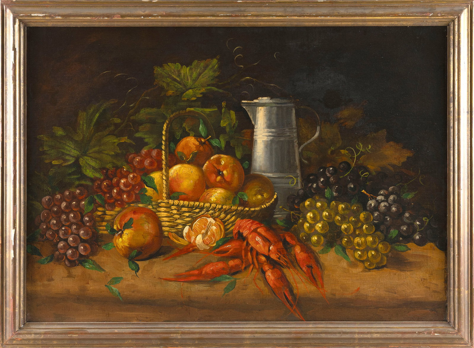 AMERICAN SCHOOL (19th Century,), Still life of fruit and a lobster., Oil on canvas, 26" x 36". (1 of 2)