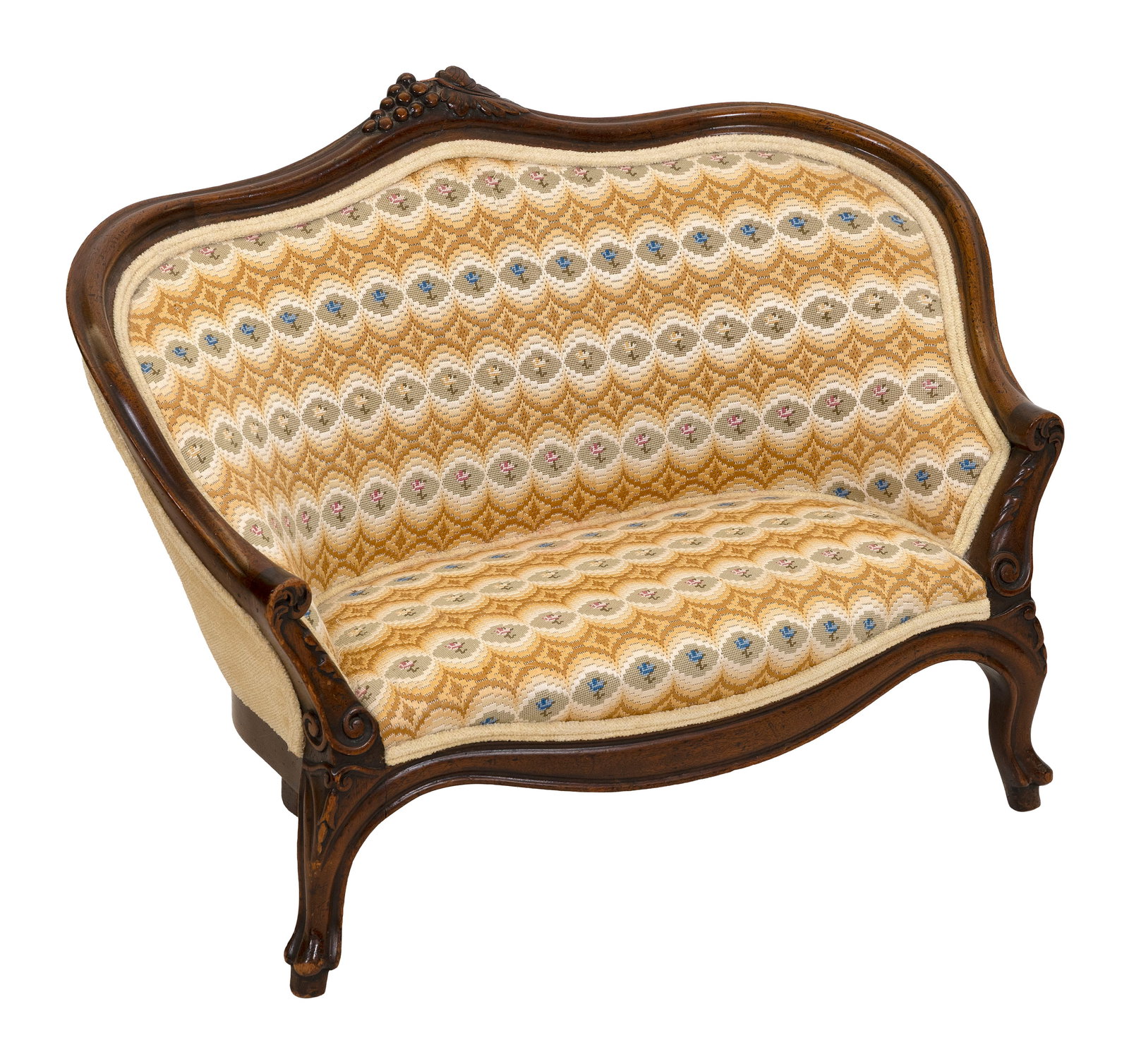 VICTORIAN CHILD'S CARVED SOFA Mid-19th Century Back height 21". Seat height 8.5". Length 30".: VICTORIAN CHILD'S CARVED SOFA Mid-19th Century Crest with grape cluster. Arm supports and legs with acanthus leaves. Beautiful needlework upholstery. Back height 21". Seat height 8.5". Length 30".