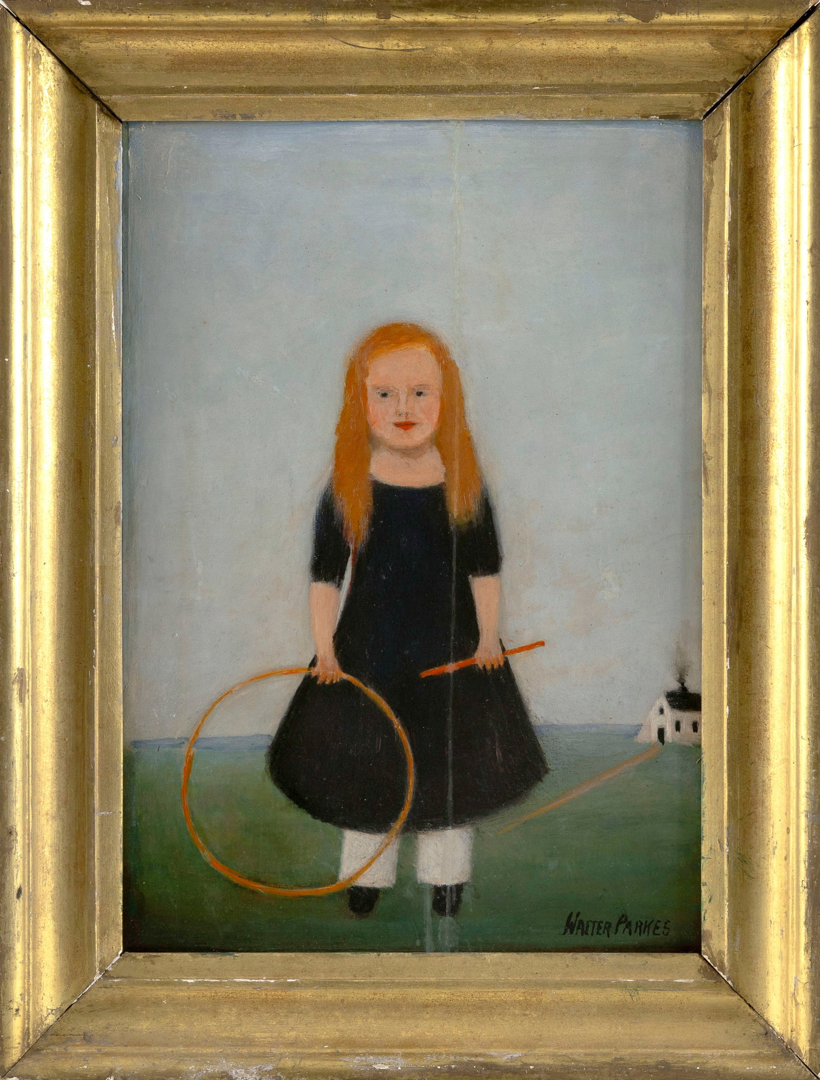 WALTER PARKES (America, Late 19th/Early 20th Century), Portrait of a girl with a hoop and stick: WALTER PARKES America, Late 19th/Early 20th Century Portrait of a girl with a hoop and stick toy. Signed lower right "Walter Parkes". Oil on panel, 16.75" x 11.75". Framed 22" x 17".