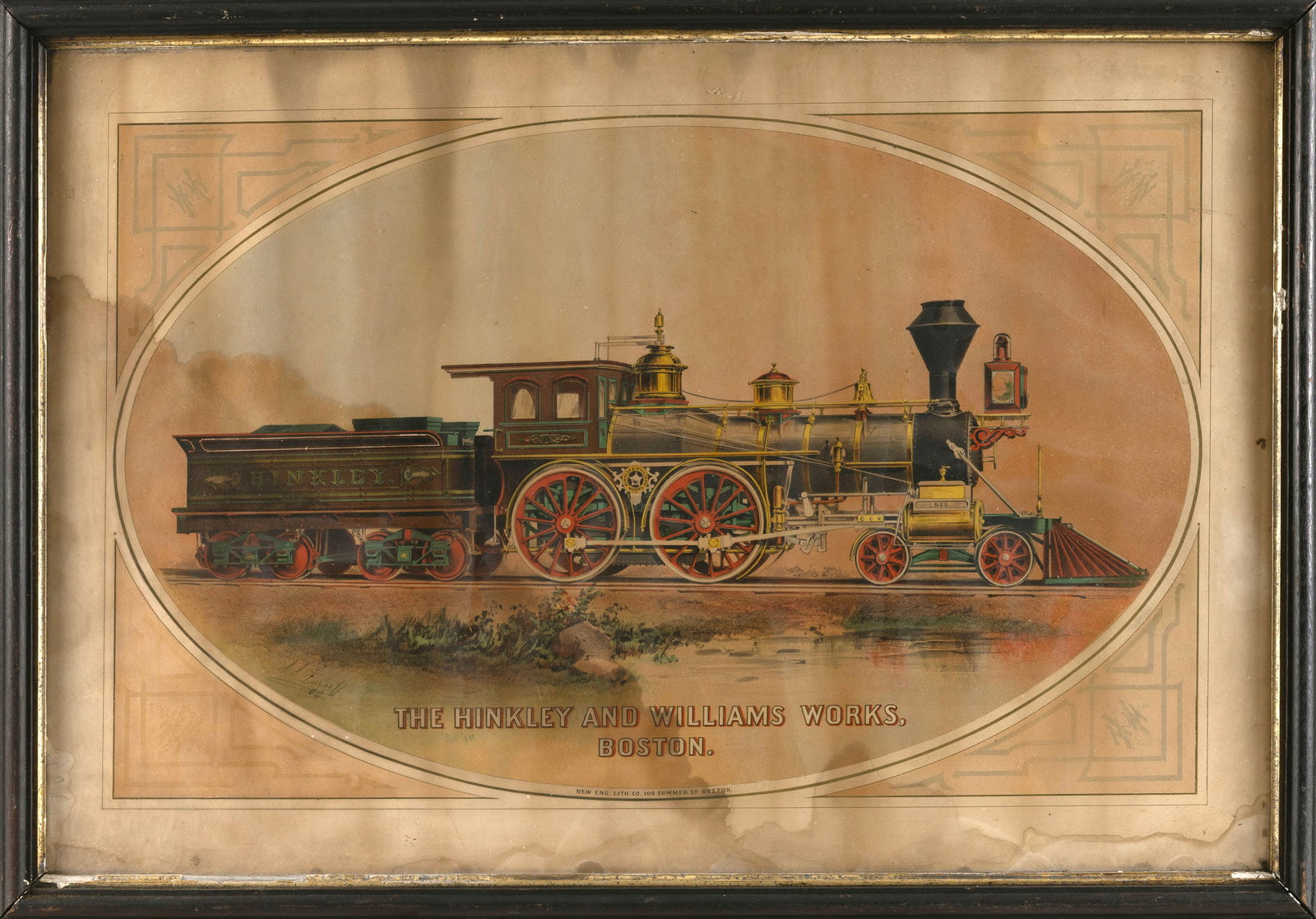 COLORED LITHOGRAPH "THE HINKLEY LOCOMOTIVE WORKS, BOSTON" Boston, 1870-1880 19" x 29" sight. Framed (1 of 2)