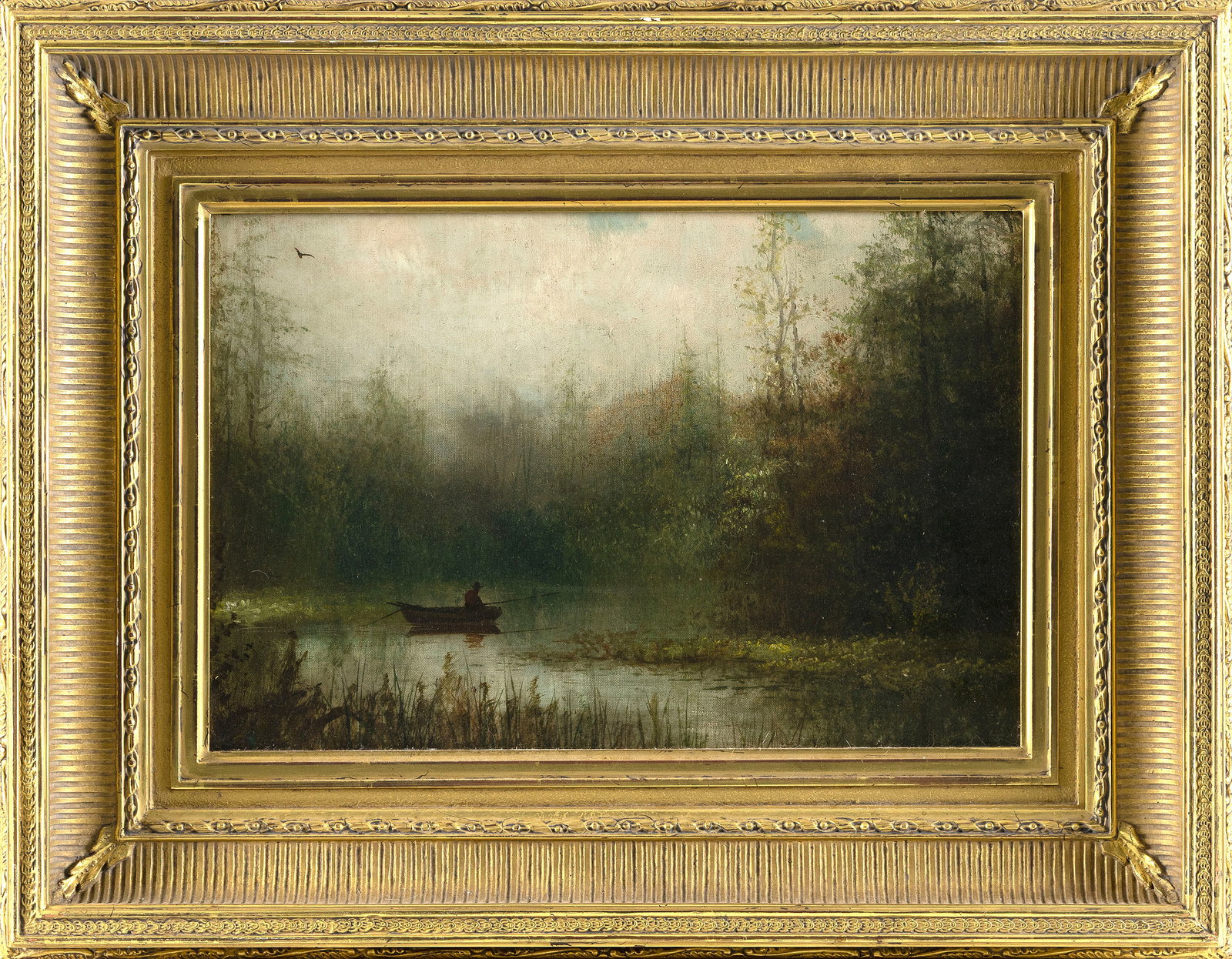 AMERICAN SCHOOL (19th Century,), "Fisherman on a New England Pond"., Oil on board, 11" x 16". Framed (1 of 2)