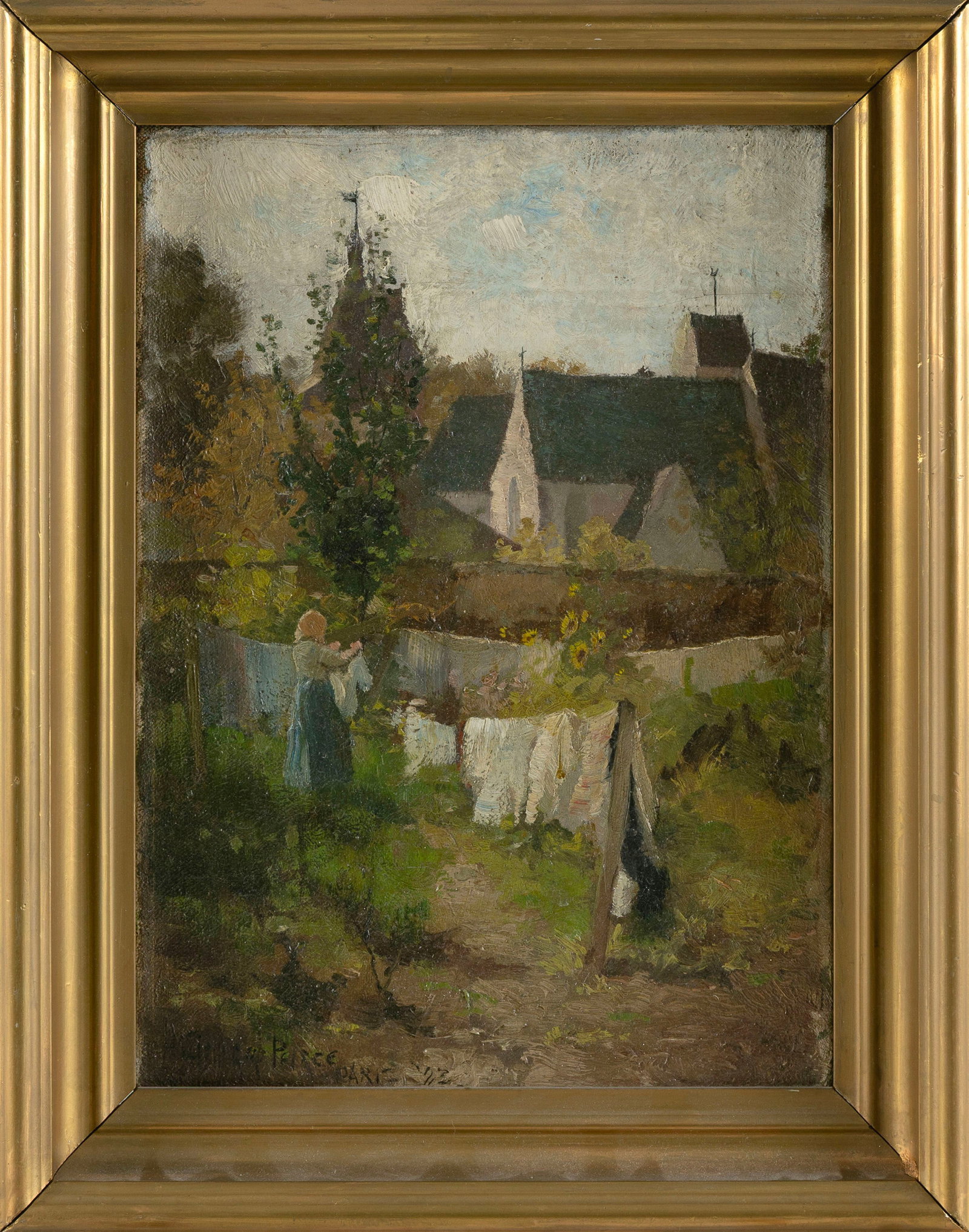 H. WINTHROP PIERCE (Massachusetts, 1880-1935), Hanging out the wash., Oil on canvas, 13.5" x 9.5".: H. WINTHROP PIERCE Massachusetts, 1880-1935 Hanging out the wash. Signed and dated lower left "H. Winthrop Pierce Paris '93". Oil on canvas, 13.5" x 9.5". Framed 17" x 13".