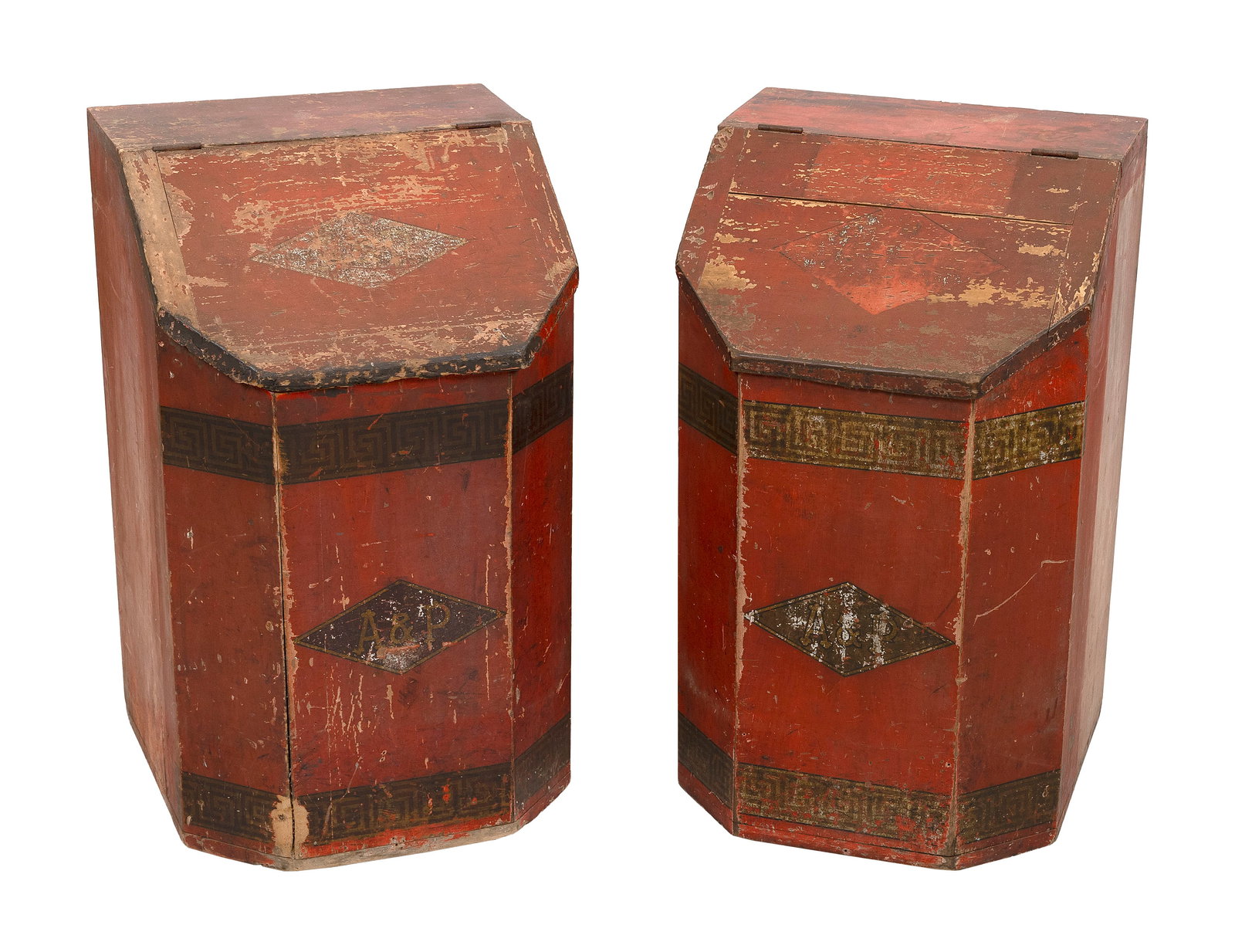 PAIR OF WOODEN A&P STORE BINS 19th Century Heights 34". Widths 18". Depths 19".: PAIR OF WOODEN A&P STORE BINS 19th Century Painted red and gold. Heights 34". Widths 18". Depths 19".
