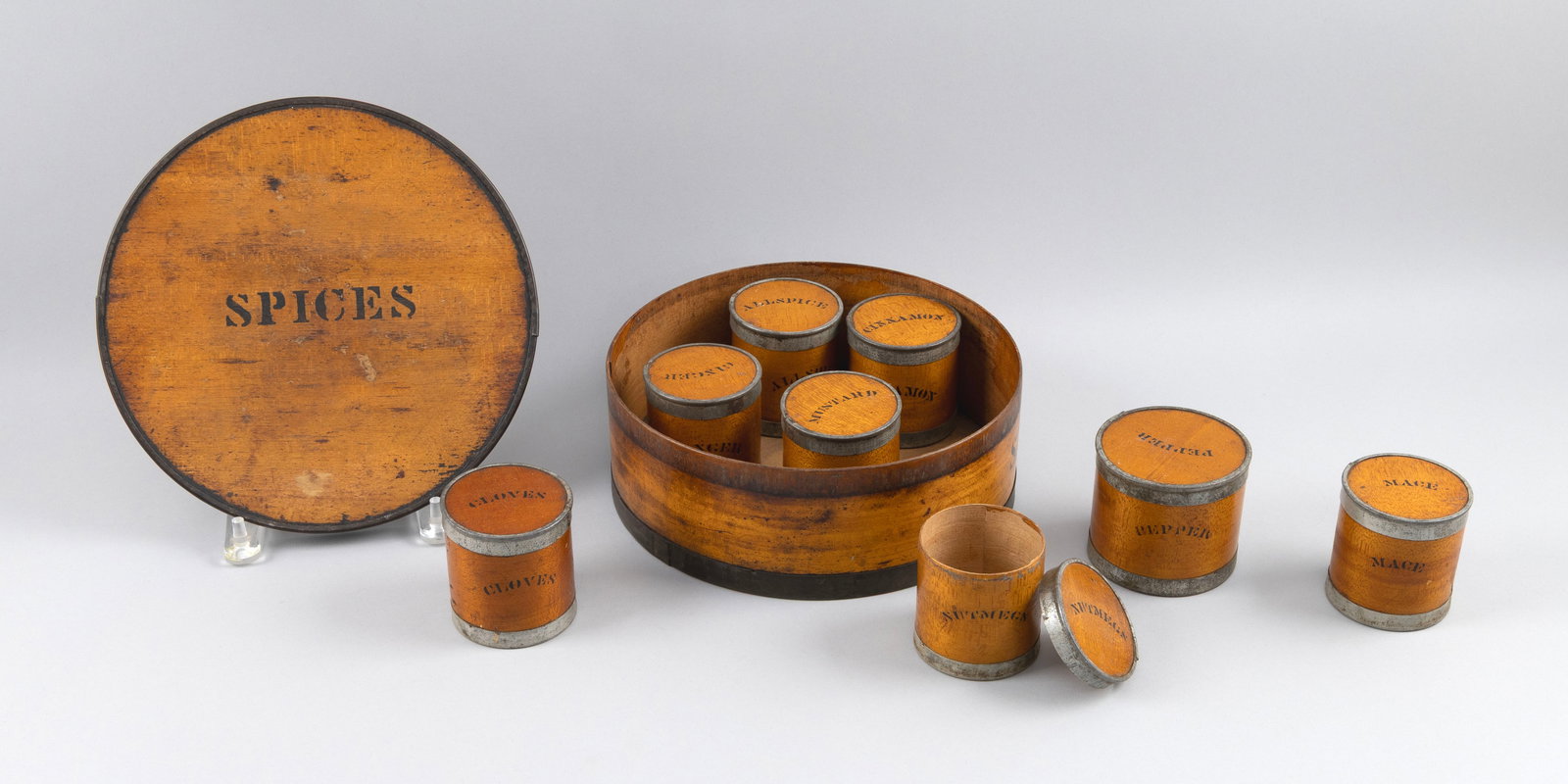 SPICE BOX CONTAINING EIGHT SPICE CONTAINERS 19th Century Diameter 9.5". (1 of 3)