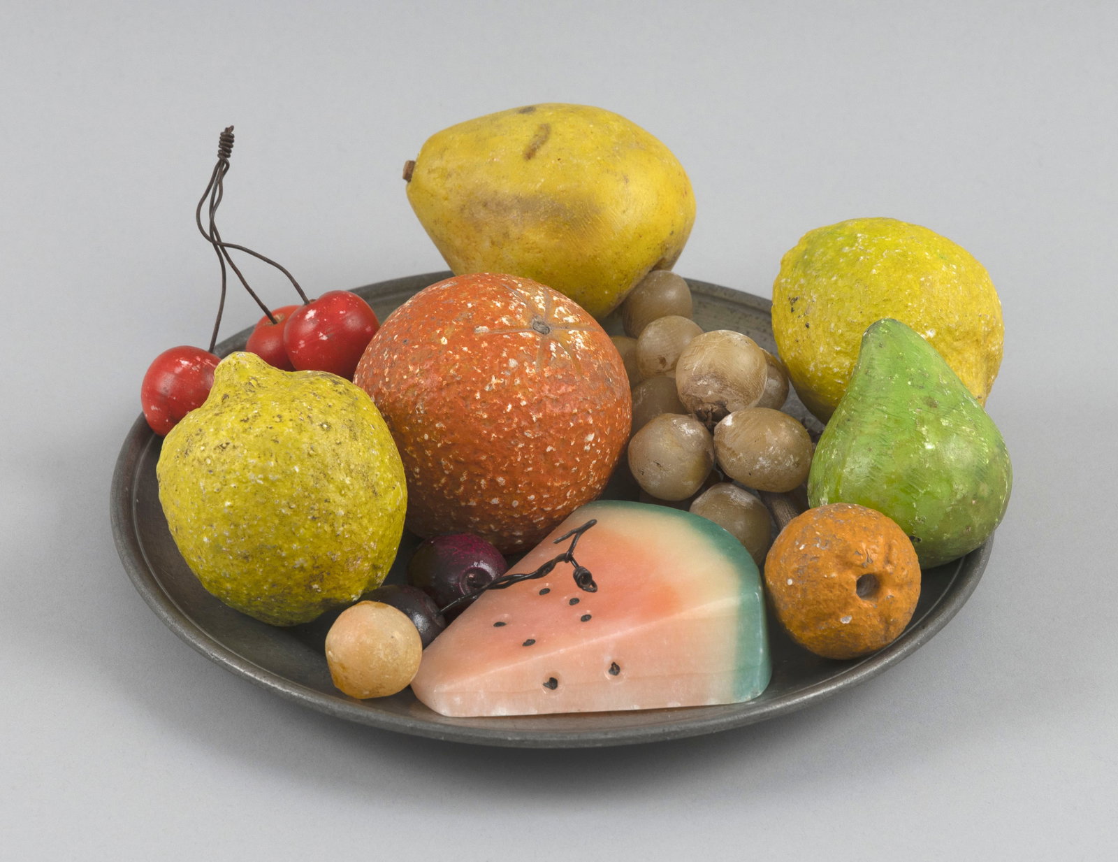 FOURTEEN PIECES OF STONE FRUIT ON A PEWTER PLATE 19th Century Plate diameter 7". (1 of 3)