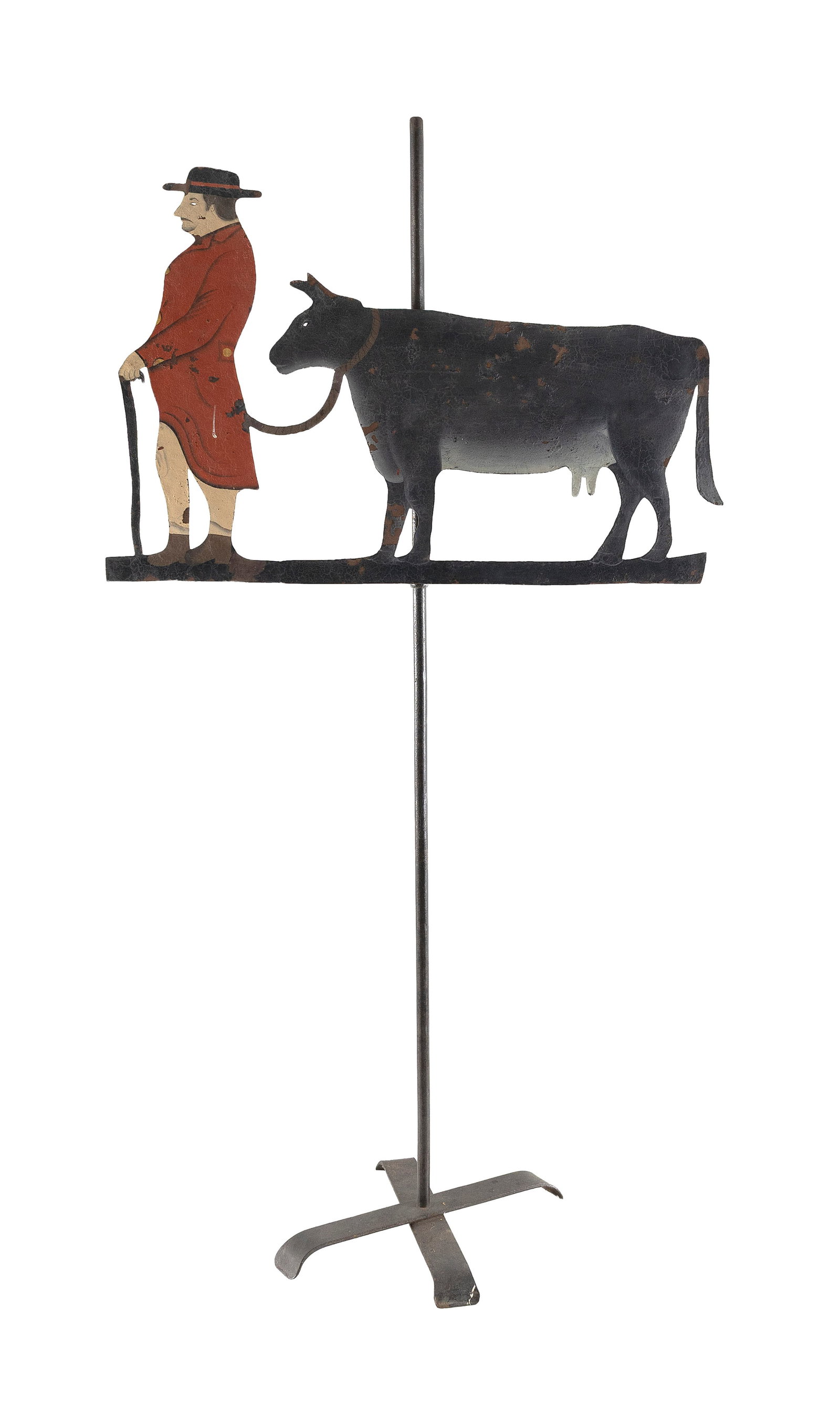 SHEET METAL FARMER AND STEER WEATHER VANE 20th Century Height 19". Length 29". Stand height 53". (1 of 2)
