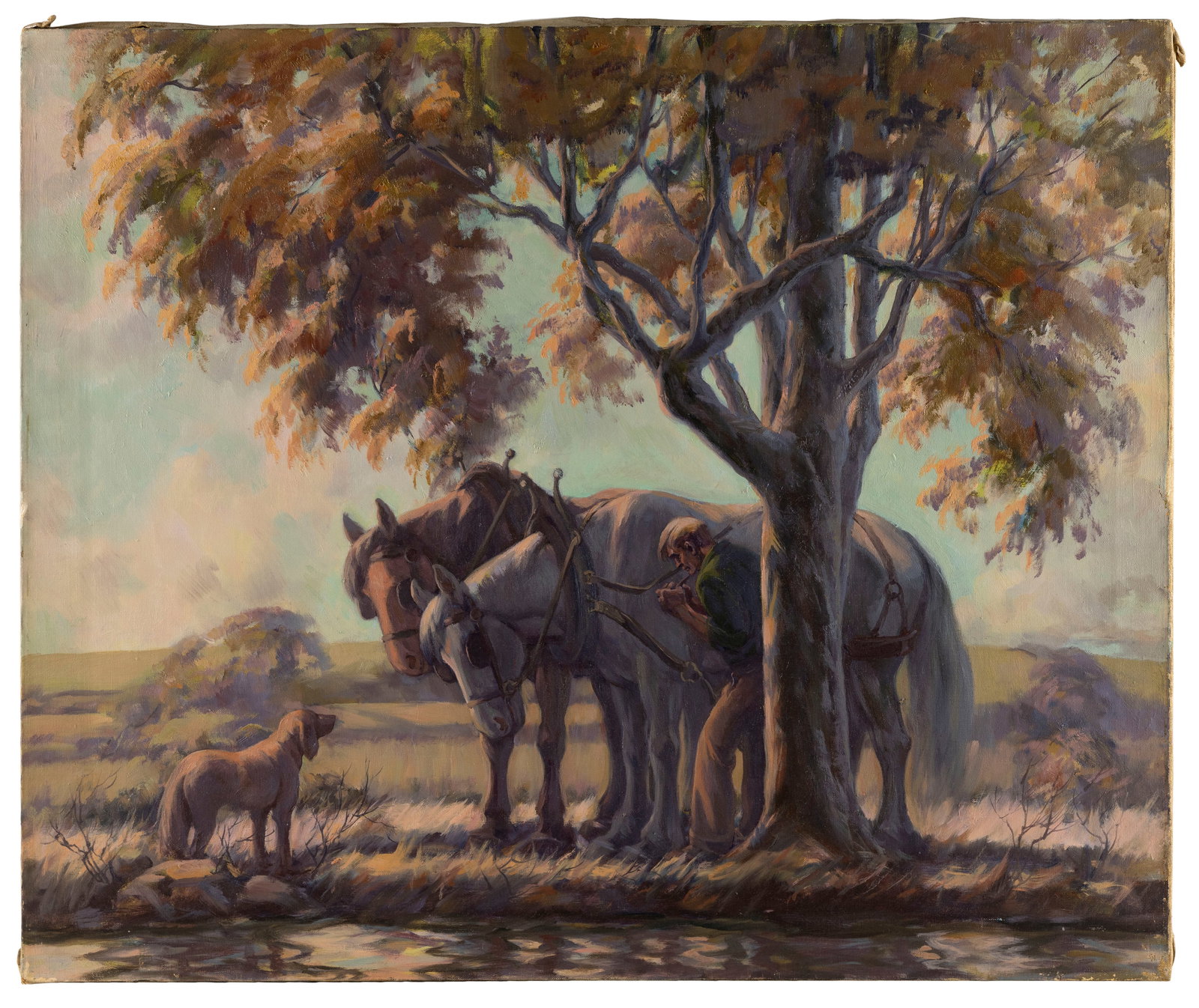 AMERICAN SCHOOL (Early 20th Century,), Farmer with his horse team and dog., Oil on canvas, 28" x (1 of 2)
