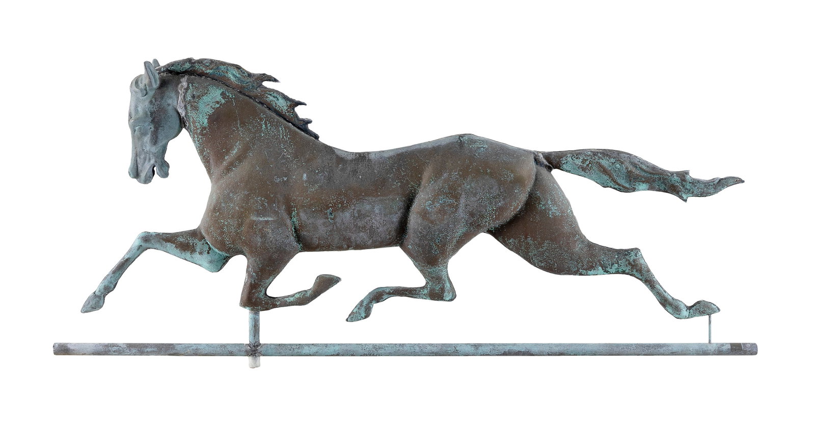 LARGE COPPER AND ZINC RUNNING HORSE WEATHER VANE 20th Century Height 19". Length 41". (1 of 2)