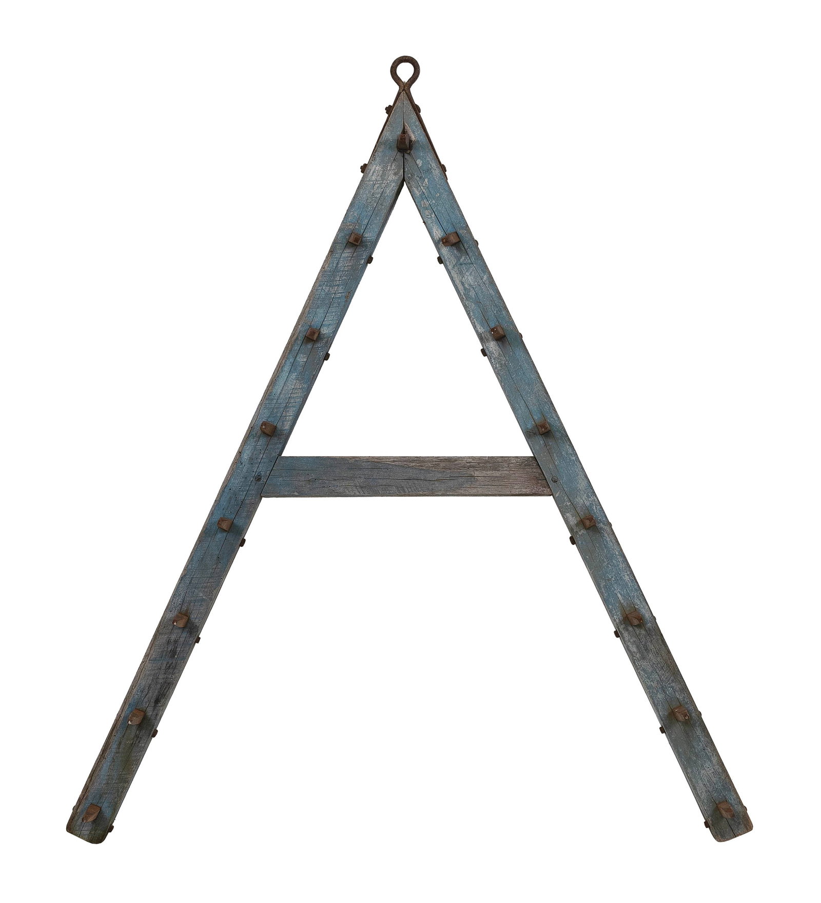 RUSTIC BLUE-PAINTED HARROW OR RACK Late 19th Century: RUSTIC BLUE-PAINTED HARROW OR RACK Late 19th Century "A" frame with 6" spikes and an iron loop.